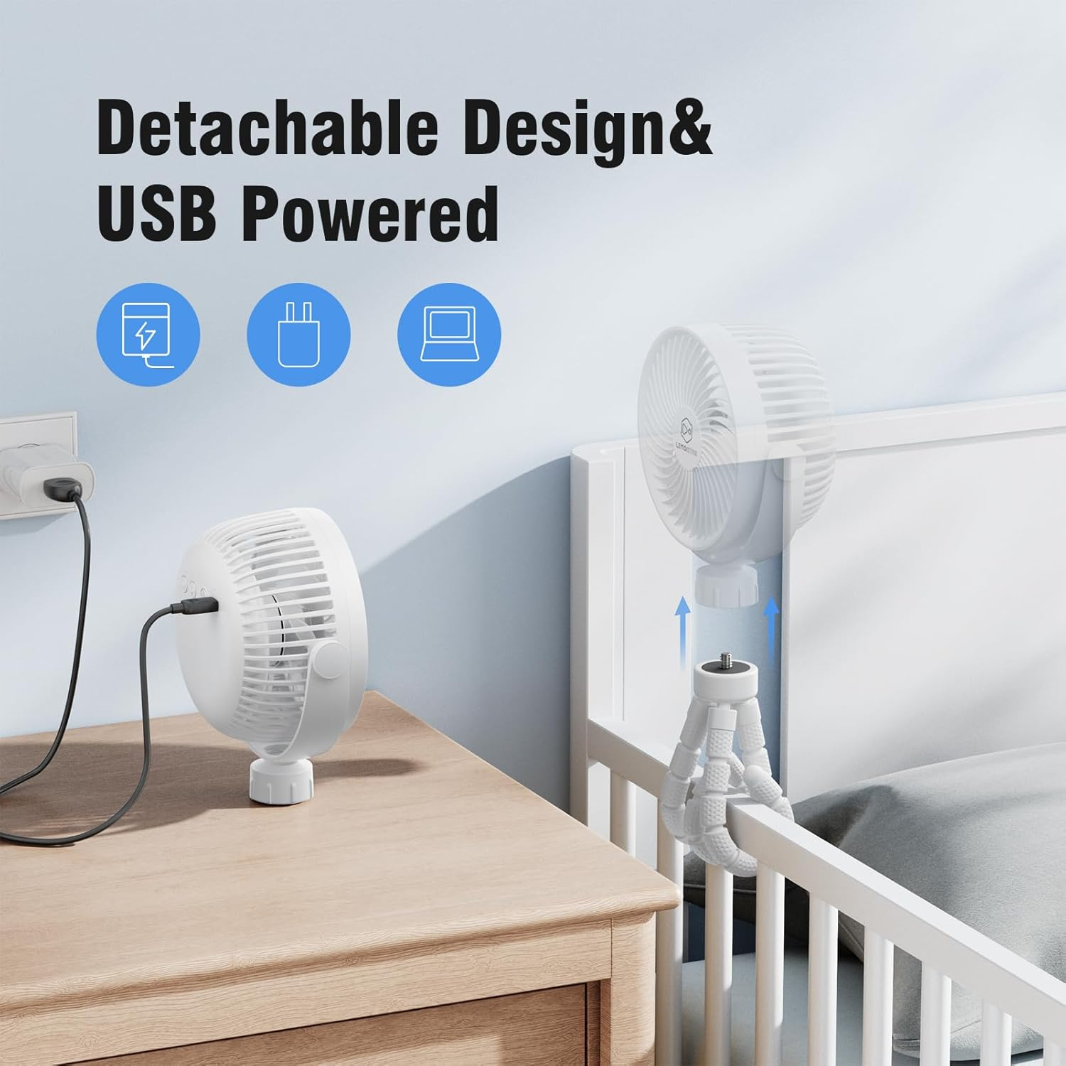 Small Battery Operated Clip-On Versatile Fan with Flexible Tripod, 5000 Mah Portable Stroller Fan, Rechargeable Desk Fans, 4 Speeds, Max 26 Hrs, USB Powered,360&deg;Rotation, for Car (White) image number 1