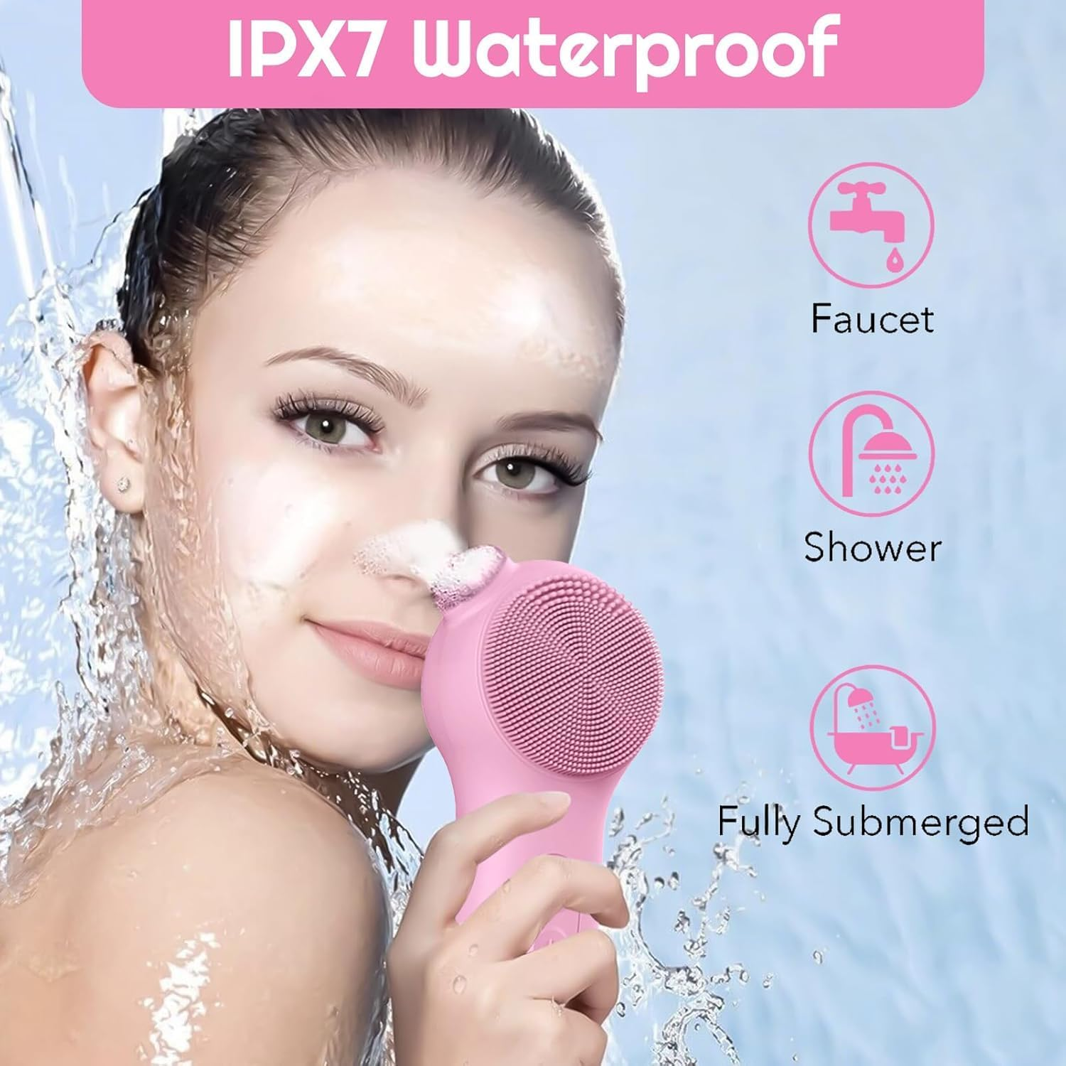 Facial Cleansing Brush Face Scrubber, Red Light / Blue Light Electric Face Scrubber with Nose Scrubber for Women/Men, Silicone Face Scrubber Exfoliator Thermal Massage, Waterproof Sonic Facial Cleansing Brush (Pink) - Pink image number 4