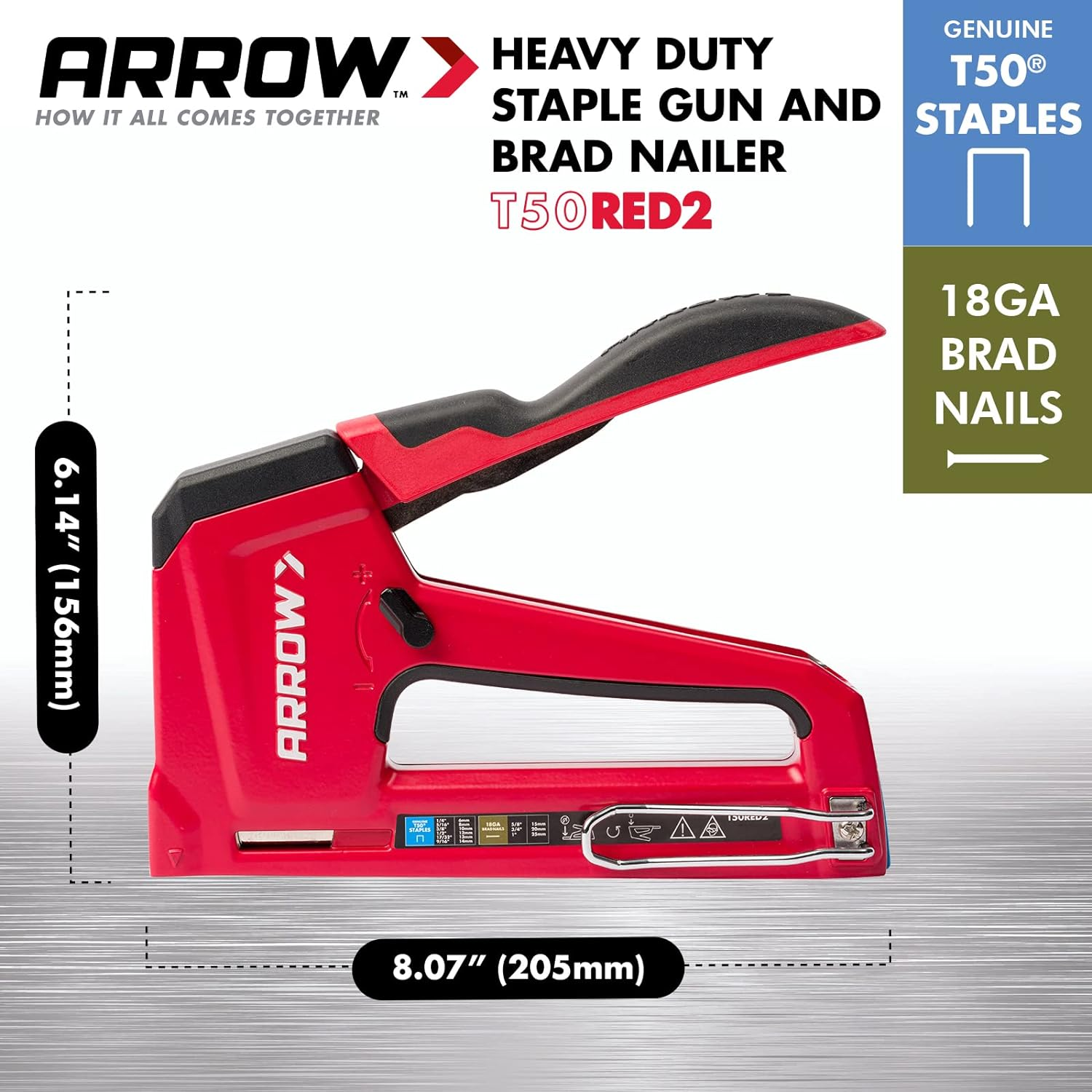 Arrow T50RED2 Heavy Duty Manual 2-In-1 Staple Gun and Brad Nailer for Upholstery, Framing, Insulation, Crafts, and Furniture, Red image number 3
