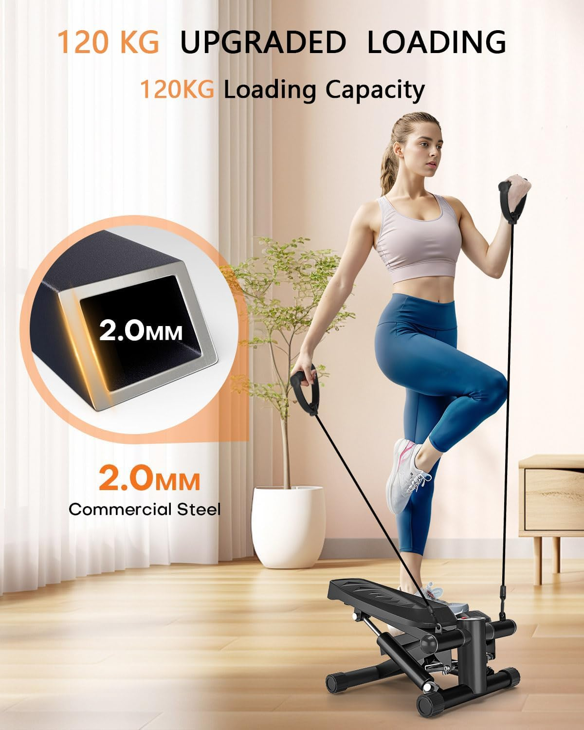 TOPPETI Mini Stair Steppers for Exercise, Adjustable Pedal Height Stair Portable Steppers for Home Fitness, with LED Monitor, Resistance Bands, Noiseless, 120KG Loading Capacity, Black(With Mat) image number 4