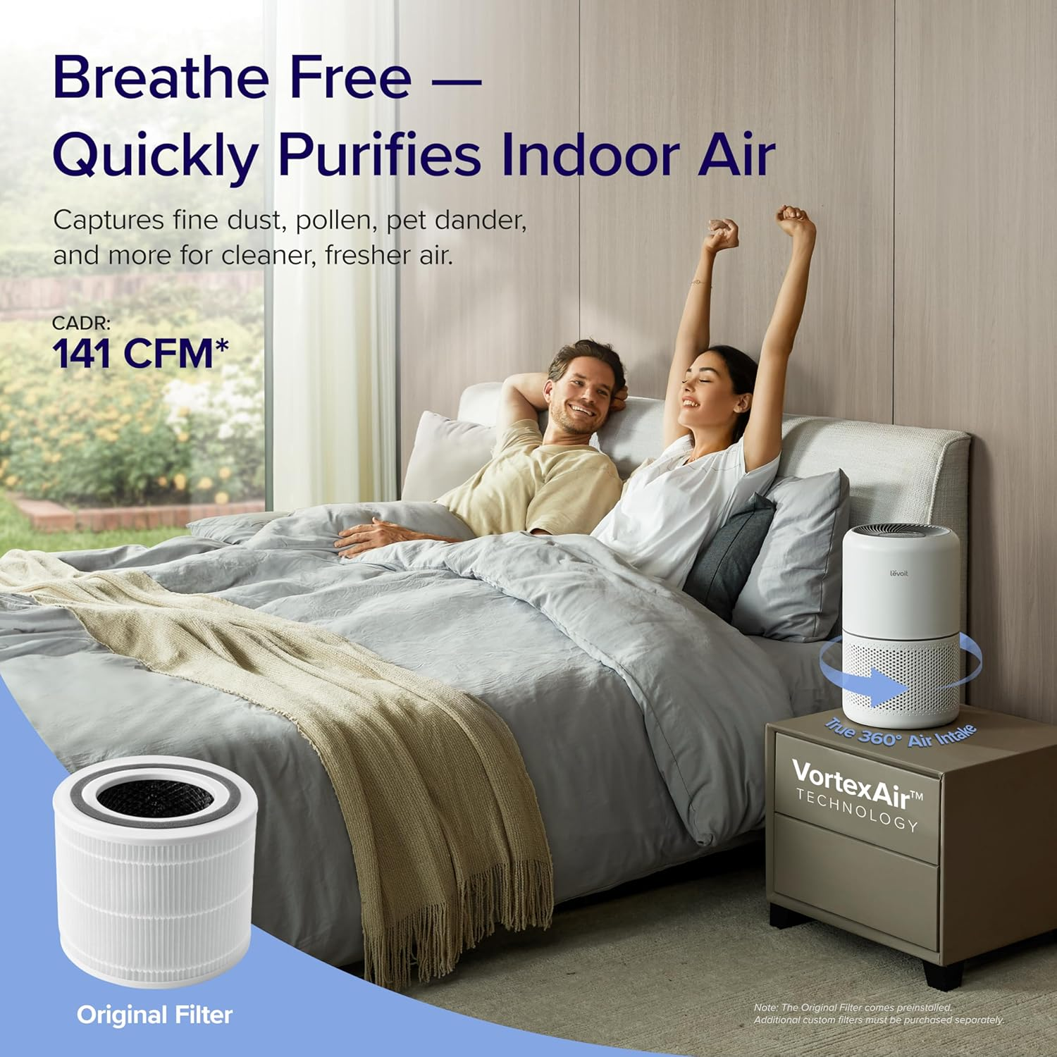 Air Purifiers for Home Dust Smoke Pet Hair, up to 40M&sup2;, H13 True HEPA Air Filter with Timer, Sleep Mode, Ozone Free, 24Db Quiet Air Cleaner for Bedroom, Office, Core 300, White image number 3