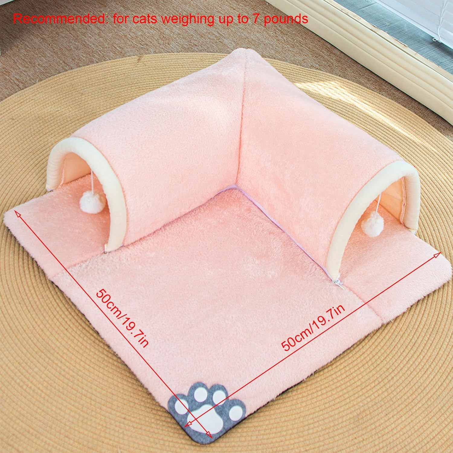 Cat Tunnel Bed, 2-In-1 Cat Play Tunnel with Carpet, Removable Kitten Pet Play Tube - Washable Kitten Cave Mat with Ball Toy, Cat Rug, 50 X 50 Cm (Pink)