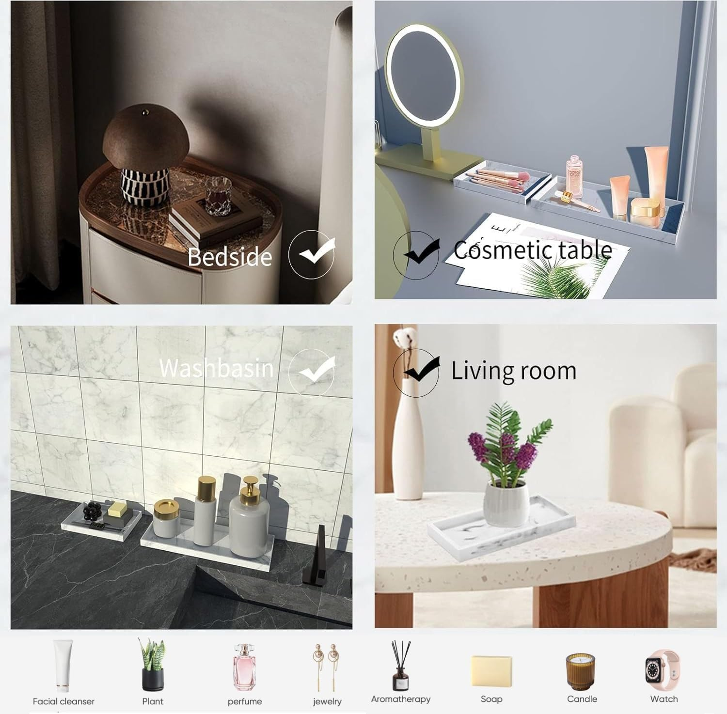 2Pcs Silicone Vanity Tray for Counter,Bathroom Tray, Resin Soap Dispenser Tray Kitchen Sink Tray,Small Marble Tray for Bathroom Countertop Organizer for Jewelry,Cosmetics,Perfumes & Shampoo (Black) image number 4