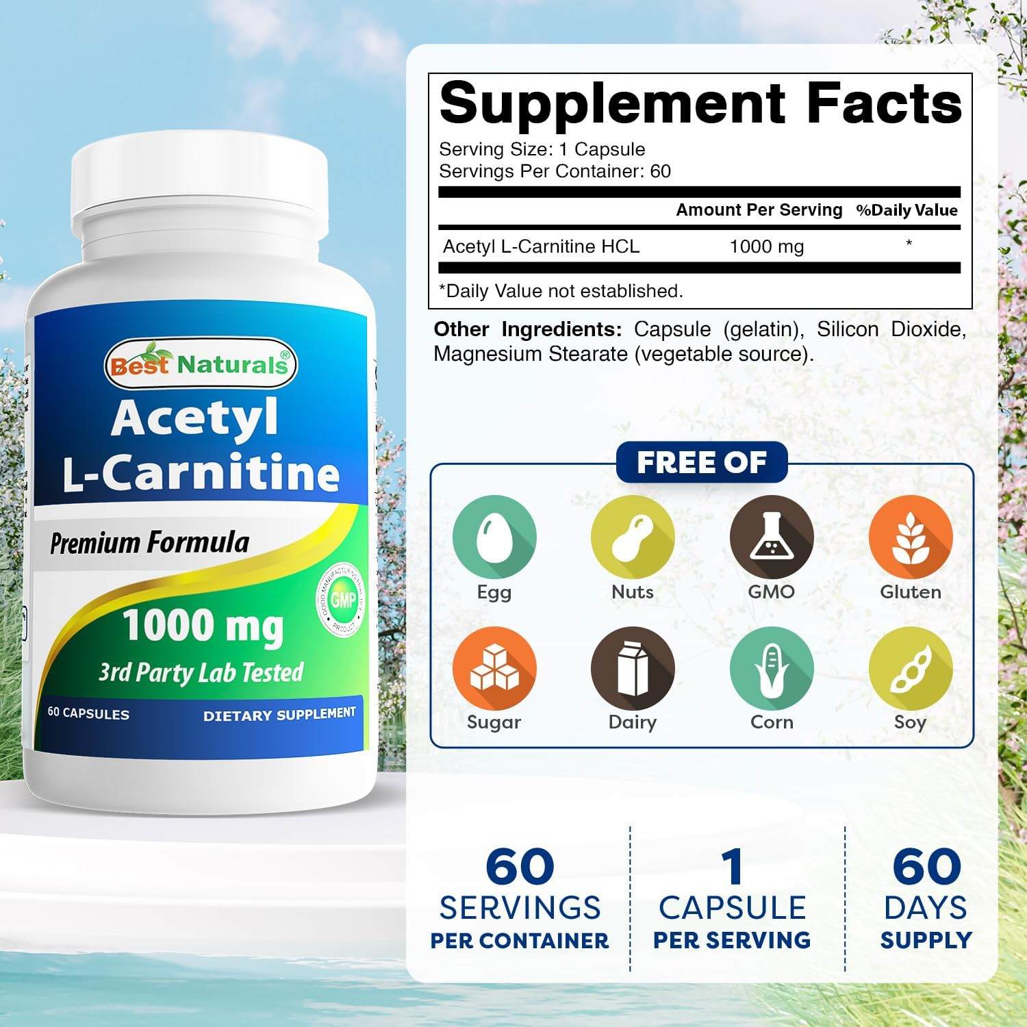 Best Naturals Acetyl L-Carnitine 1000 Mg 60 Capsules (60 Count (Pack of 3)) image number 4