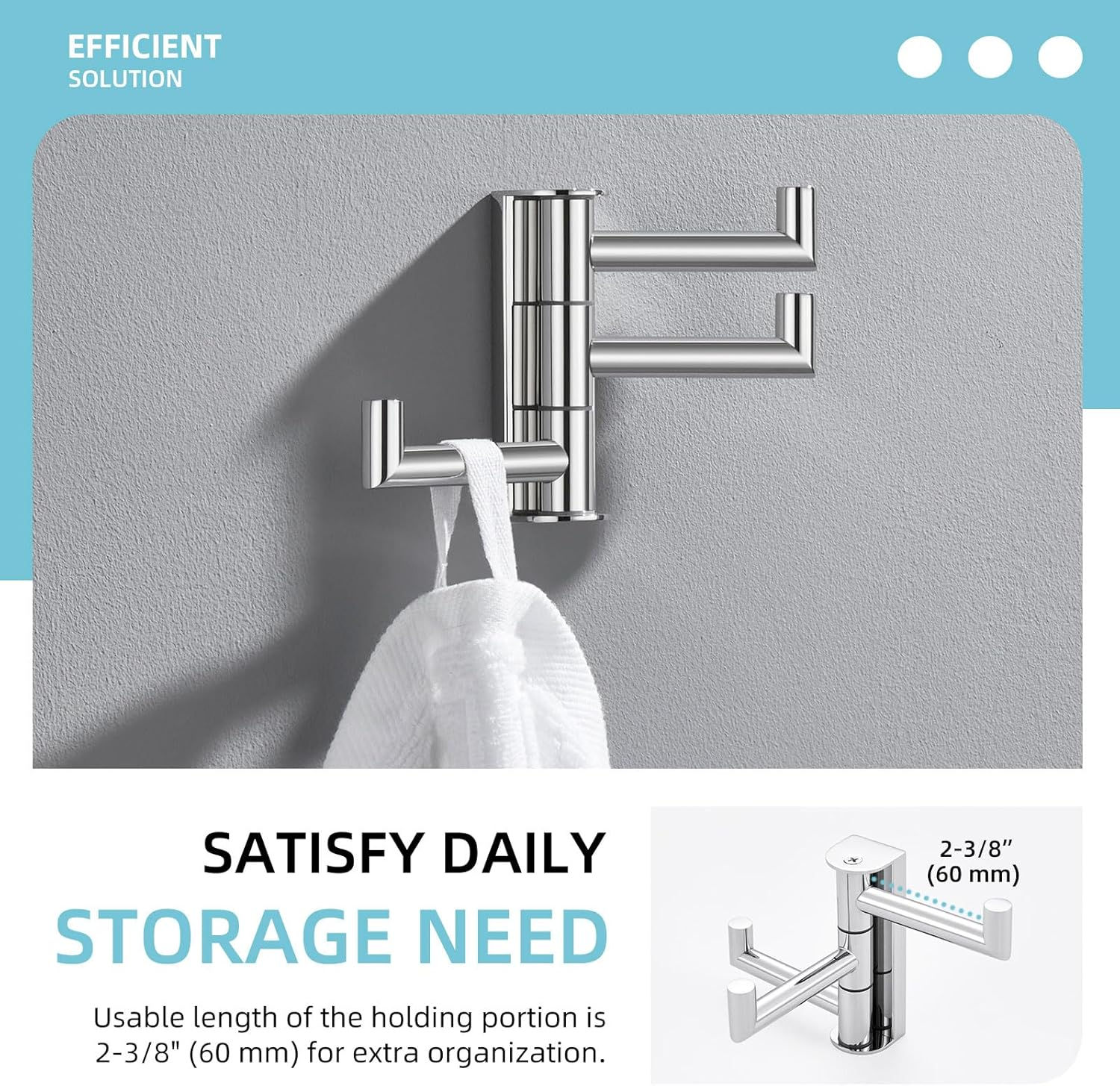 Angle Simple Towel Hook for Bathroom, SUS 304 Stainless Steel Foldable Robe Towel Holder, Wall Coat Hook, Polished Chrome image number 3