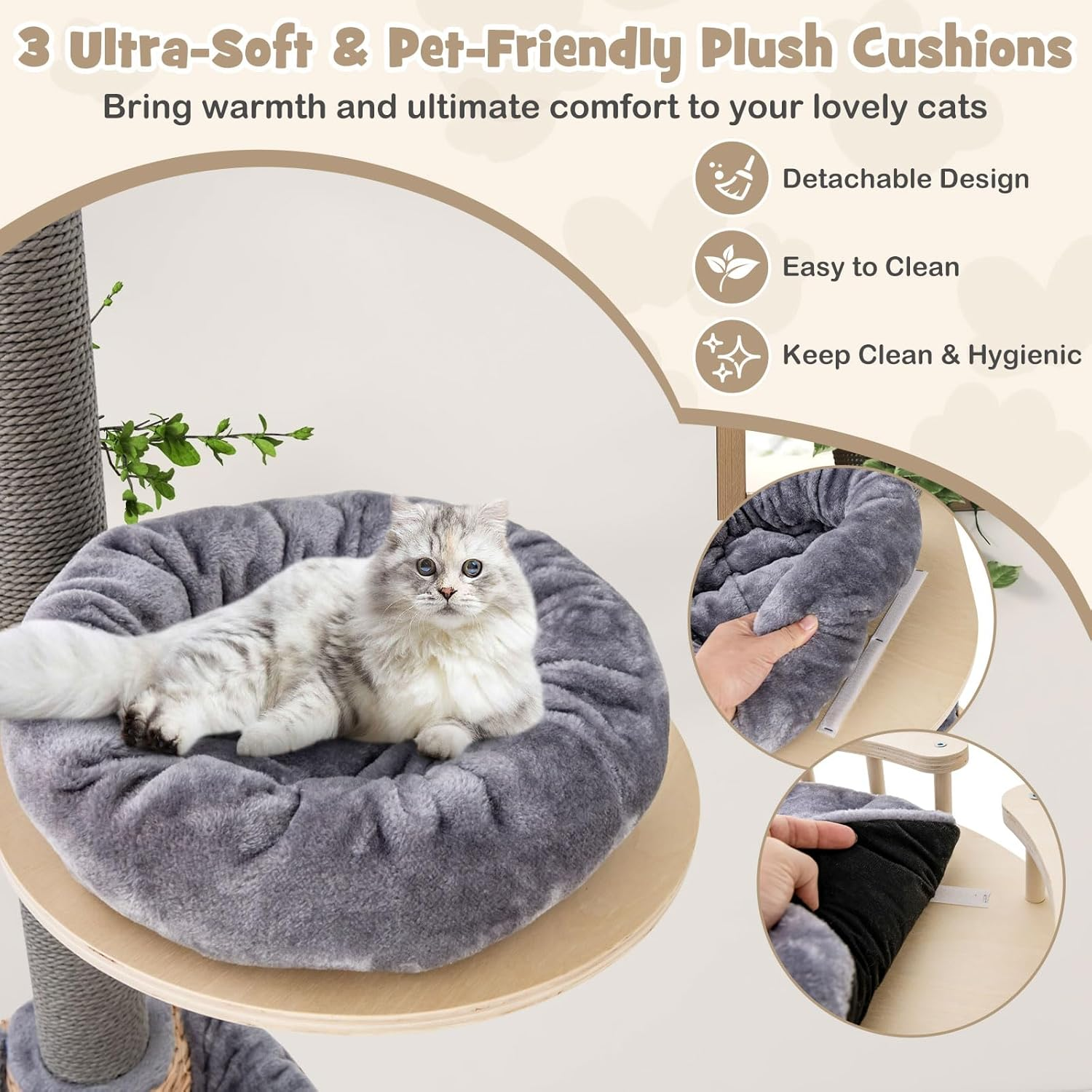 Costway Floor to Ceiling Cat Tree W/ 2.3-2.7M Adjustable Height, 5-Tier Wooden Cat Tower W/Cozy Hammock & Bed & Basket Bed, Scratching Post, Cat Climbing Furniture for Indoor Kittens & Adult Cats image number 3