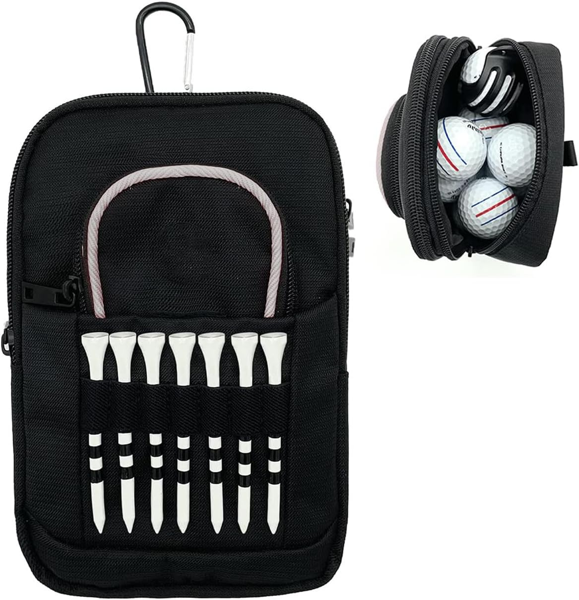 Golf Bag Pouch for Balls and Accessories | 3 Zipper Pockets | Detachable Clip | Store up to 15 Balls | Front Tee Holder Holds 7 Cleats image number 1