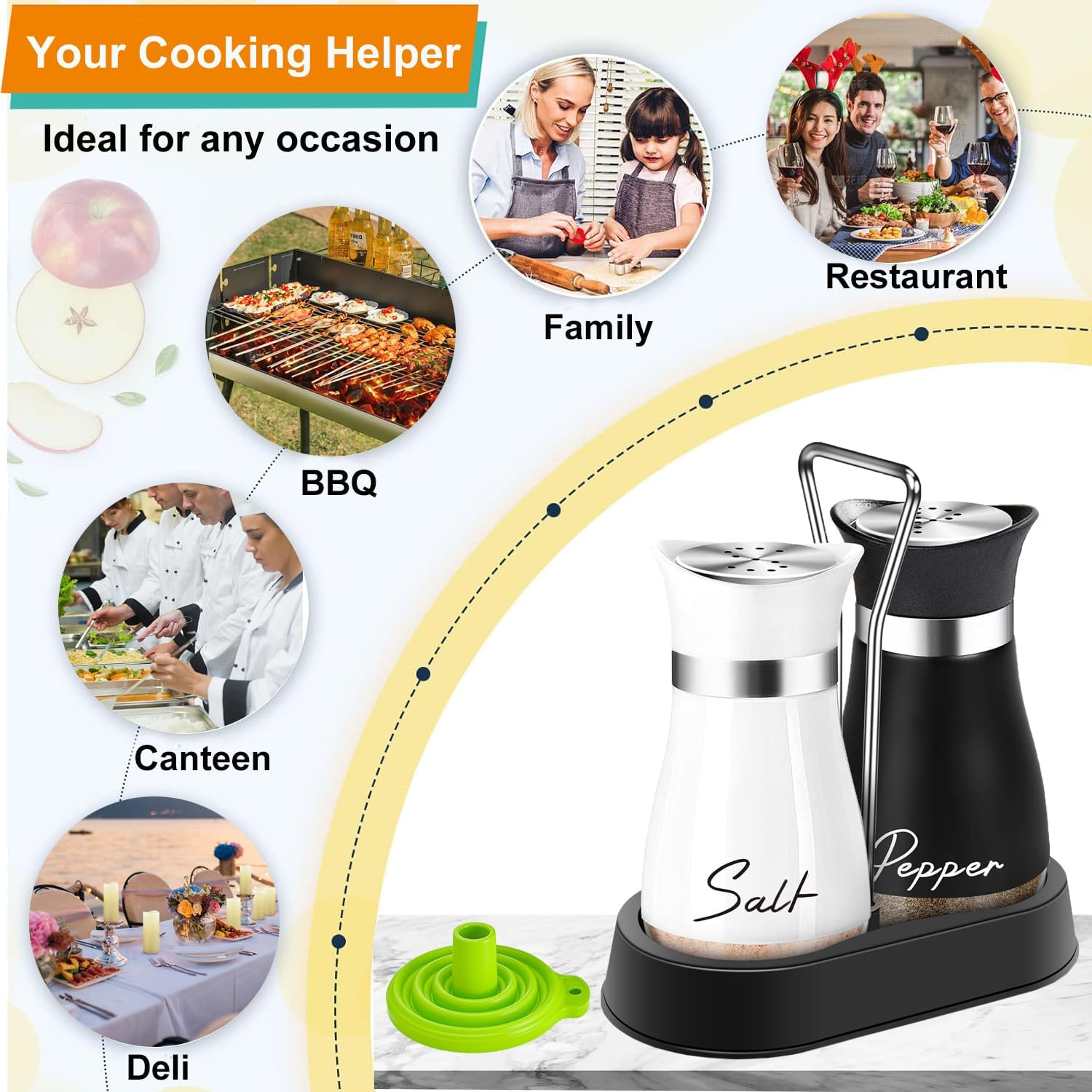 UDQYQ Salt and Pepper Shakers Set with Holder,Cruet Sets Stainless Steel Salt and Pepper with Glass Bottom,Refillable Salt Shaker Kitchen Gadgets for Counter Modern Decor Table (Black + White)