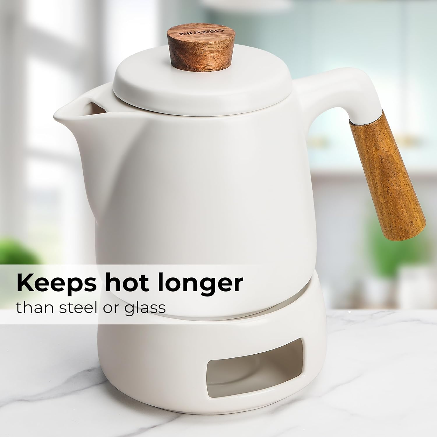 MIAMIO - Teapot Set with Warmer / 1L / 1000 Ml Tea Kettle with Infuser for Steeping Loose Tea Leaves (White) image number 5
