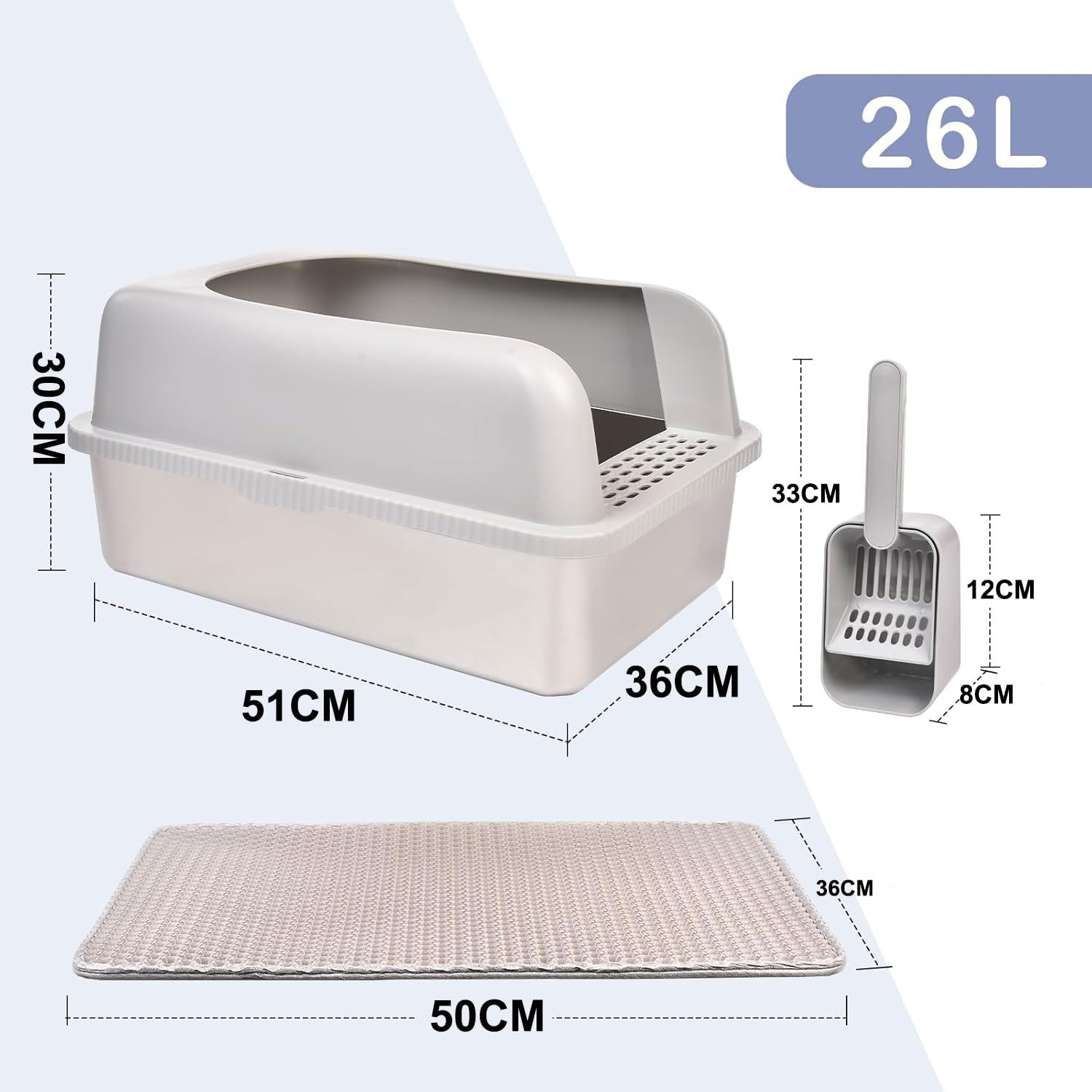 Stainless Steel Cat Litter Box with Lid, 51Cm L X 36Cm W X 30Cm H, Extra Large Litter Box for Big Cats with High Sided, Anti-Urine Leakage, Easy Cleaning, Include Cat Mat and Scoop(Light Grey) image number 2