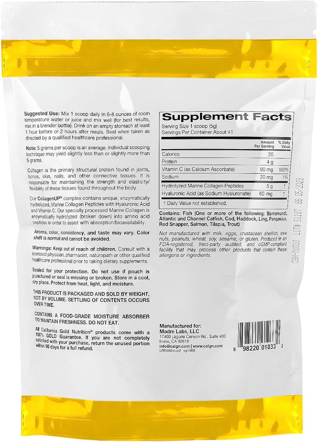 California Gold Nutrition Collagenup&reg;, Hydrolyzed Marine Collagen Peptides with Hyaluronic Acid and Vitamin C, Unflavored, 7.26 Oz (206 G) image number 2