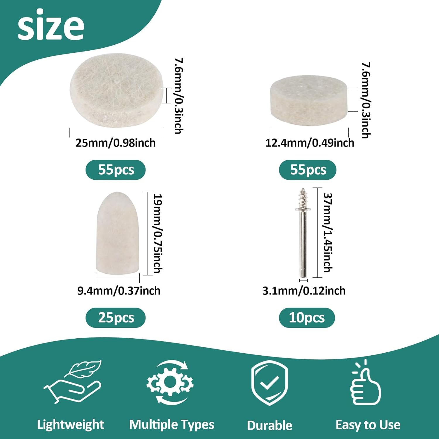 145PCS Wool Felt Polishing Pad - Felt Buffing Pad Wool Polishing Bits Buffing Wheel Professional Accessories with Point Mandrel1/8 Inch Shank for Wheels Kit Rotary Tools image number 5
