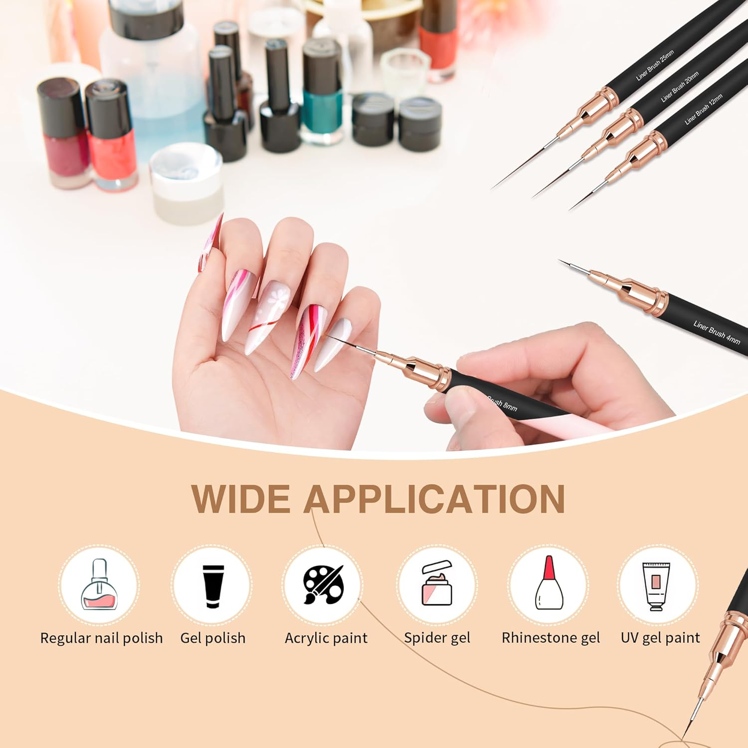 ZEOHBETY Metallic Nail Art Brushes, 5Pcs Nail Art Liner Brushes, Painting Art Design Brush Set Nail Dotting Drawing Tool for Long Lines, Thin Details, Fine Drawing Sizes 4/8/12/20/25Mm, Black image number 6