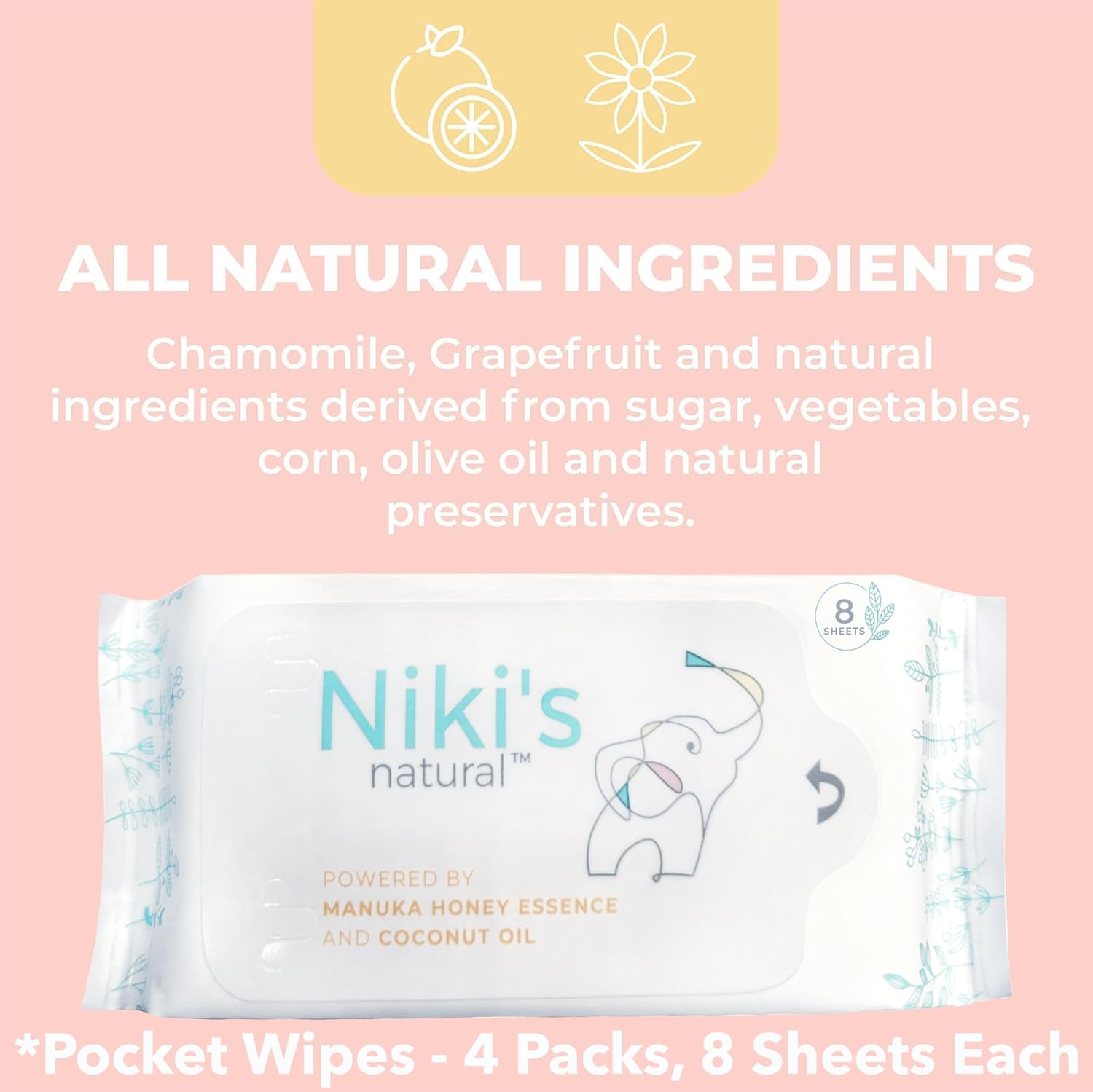 Niki'S Natural Pocket Baby Wipes | Organic Baby Wipes Sensitive | Made with Manuka Honey and Coconut Oil, Unscented | EWG Verified | 32 Wipes (4 Pack X 8 Count Wipes) image number 1