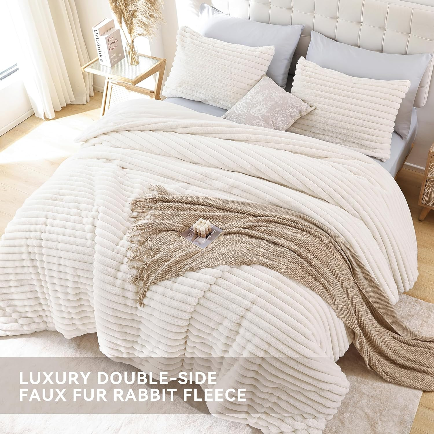 Smoofy Fluffy Full Size Comforter Sets 3 Pieces - Cream White Fleece Fluffy Comforter Set, Luxury Fuzzy Full Bed Set, Soft Comforter Full Size All Season, Heavy Faux Fur Comforter with 2 Pillow Cases image number 6
