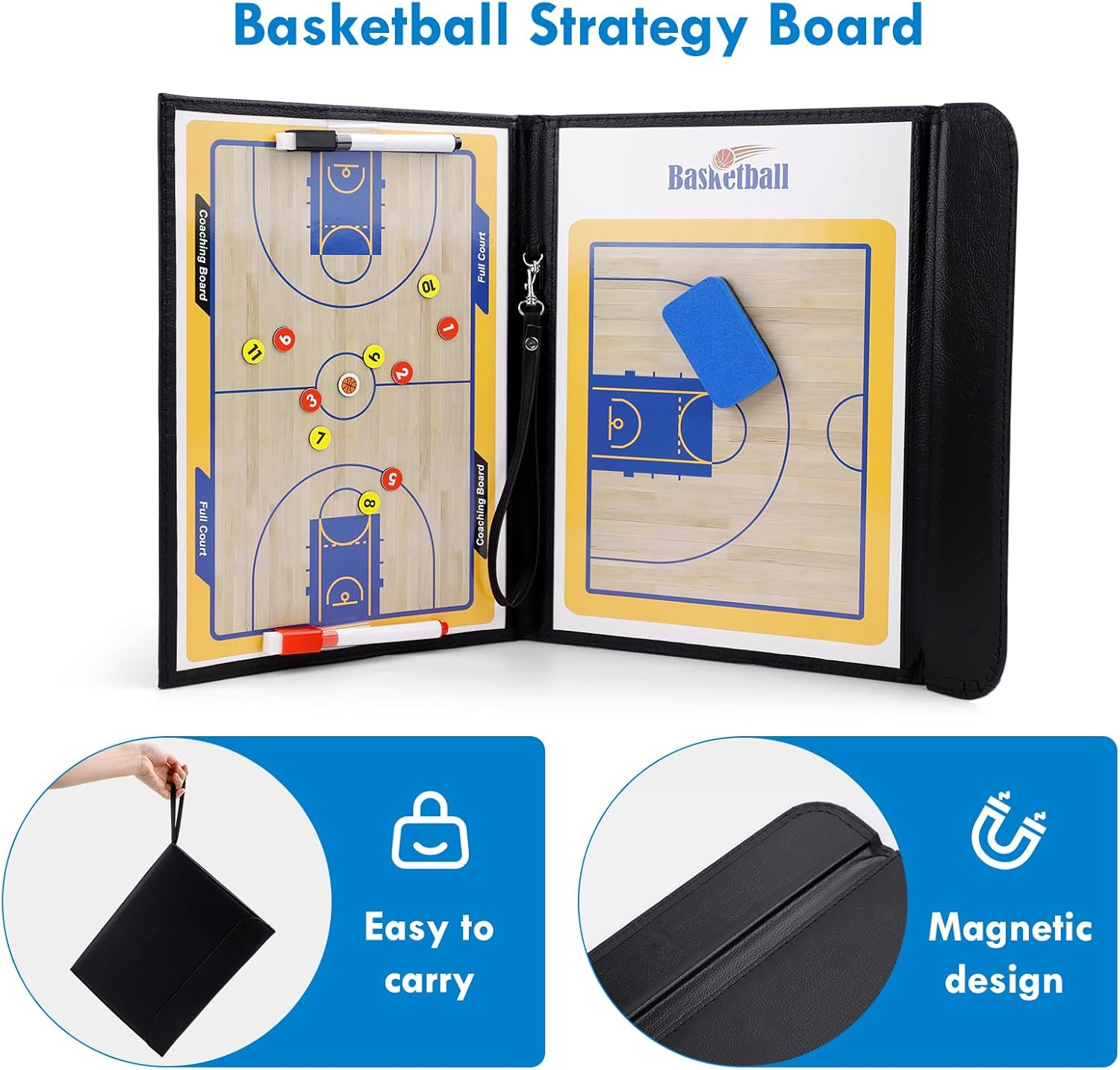 Basketball Coaching Board, Magnetic Basketball Coaching Tactics Board Portable Erase Coaching Marker Tactics Board Whiteboard Coach Training Equipment for Teaching and Game Plan Demonstration image number 4