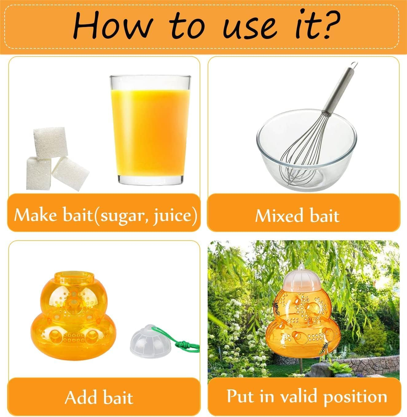 2 Pack Plastic Wasp Traps, Hanging Hornet Trap for Outdoors, Bee Trap Yellow Jacket Wasps Repellent, No Bottom Seam, Safe, Natural, Effective and Reusable image number 2