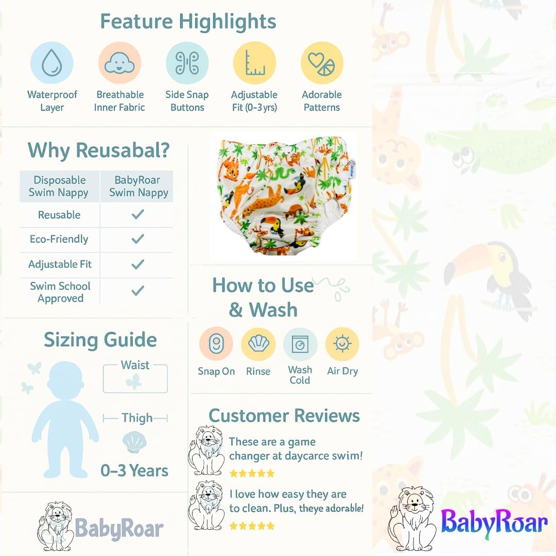 Side Snap Reusable Swim Nappy with FREE Waterproof Wet Bag &ndash; Adjustable, Leak-Proof & Swim School Approved | Eco-Friendly for Babies & Toddlers! (Jungle Splash, XL, 1.0, Count) image number 4