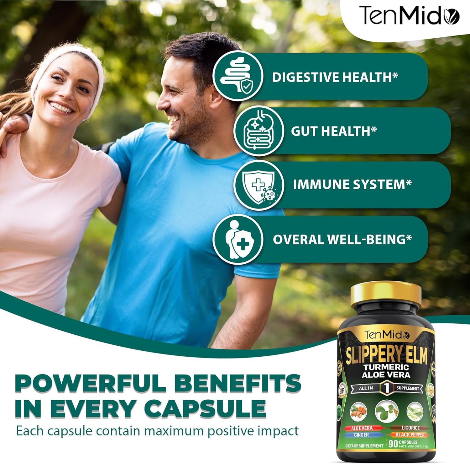 Tenmido Slippery Elm Supplements - 6In1 with Turmeric Curcumin, Aloe Vera, Ginger, Licorice & Black Pepper - Digestive Health - 90 Vegan & Non-Gmo Capsules image number 3