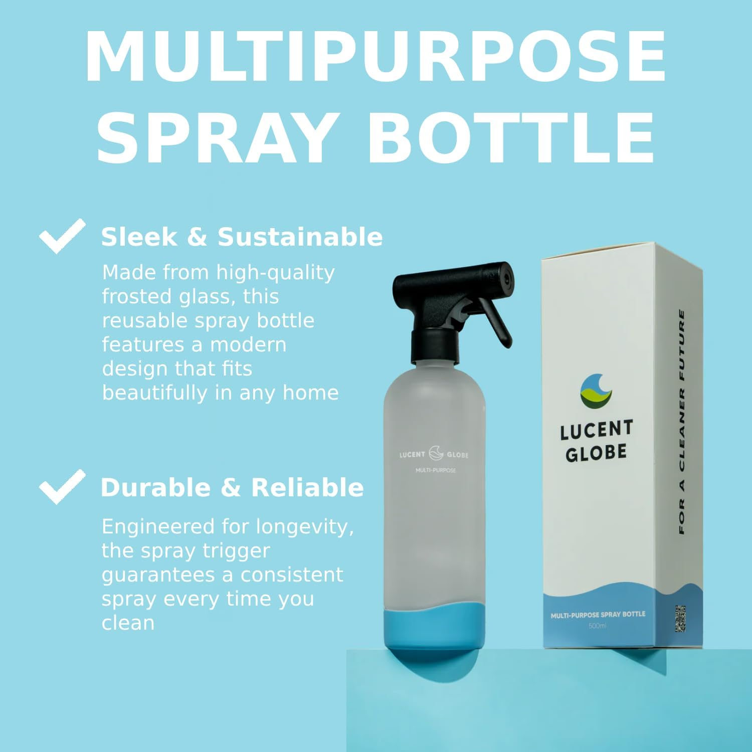 Lucent Globe Multipurpose Spray Bottle &ndash; 500Ml Frosted Glass with Non-Slip Silicone Base (Blue) &ndash; Refillable & Reusable for Cleaning Sheet Refills. image number 3
