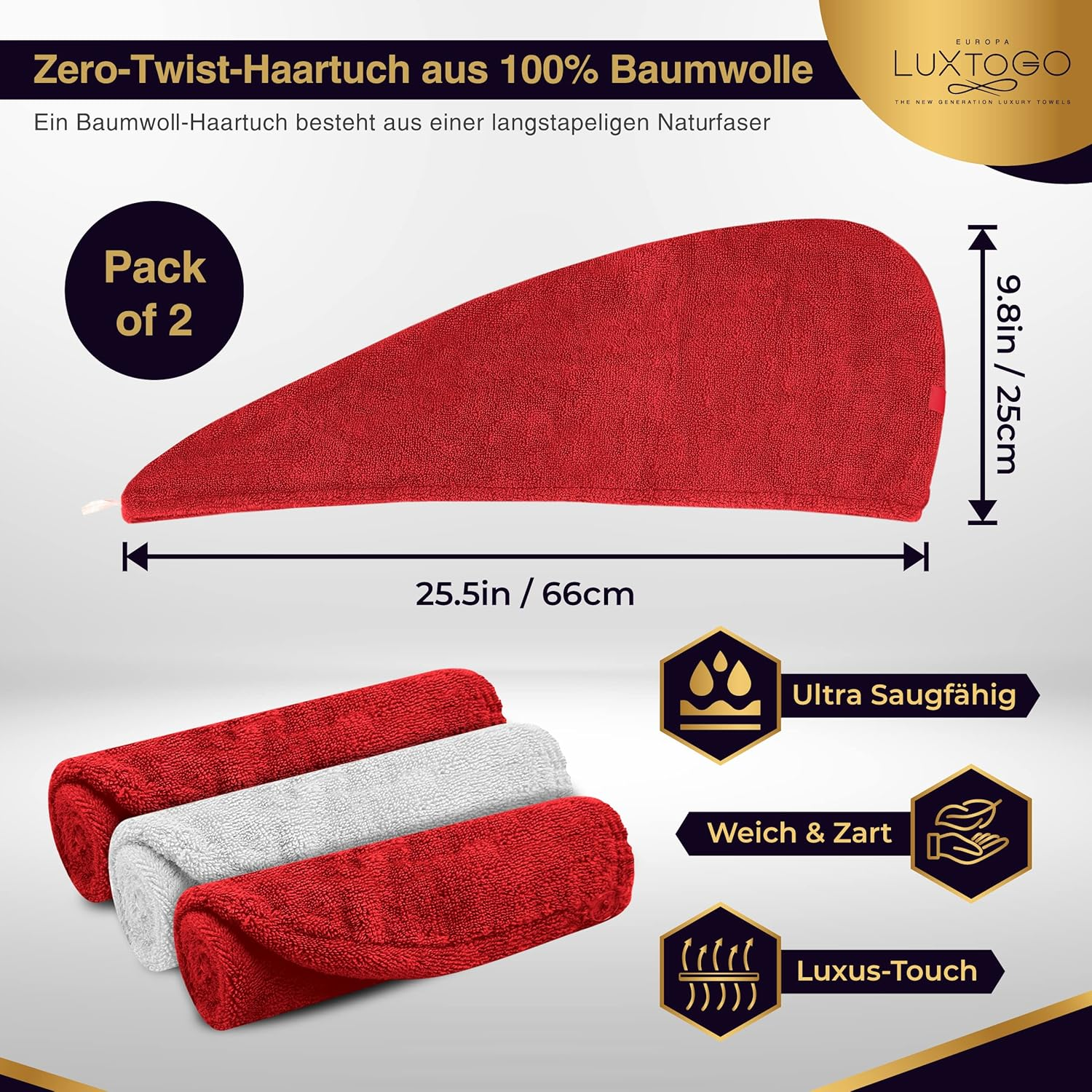 LUXTOGO&reg; Premium Hair Towel (430 G/M&sup2;) - 100% Cotton Turban with Button and Elastic, Super Absorbent (2 Pieces White + Red) - 1 X White. image number 6