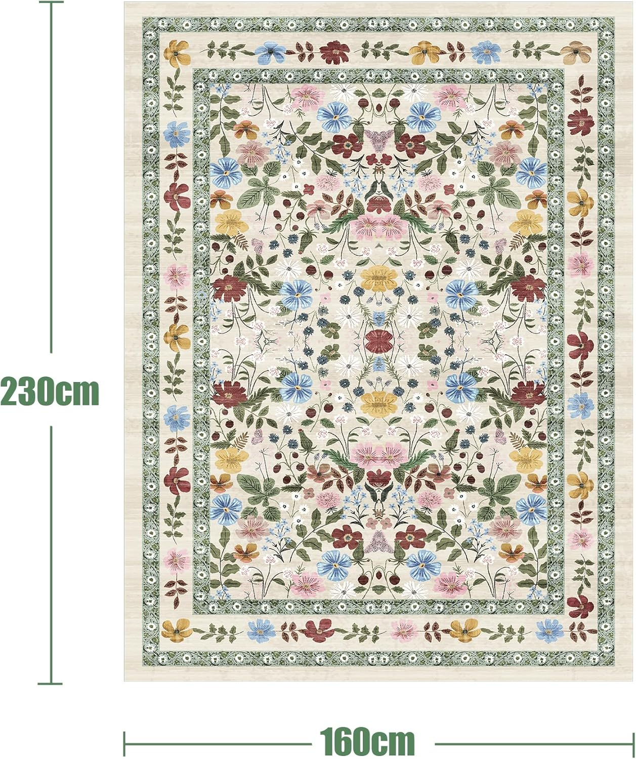 Deerly Green Rugs for Livingroom, Floral Boho Area Rug for Bedroom Child Nurseryroom Diningroom, Vintage Non-Slip Floor Rug Washable Bedunder Carpet Kitchen Office. (Beigegreen, 160X230Cm) image number 4