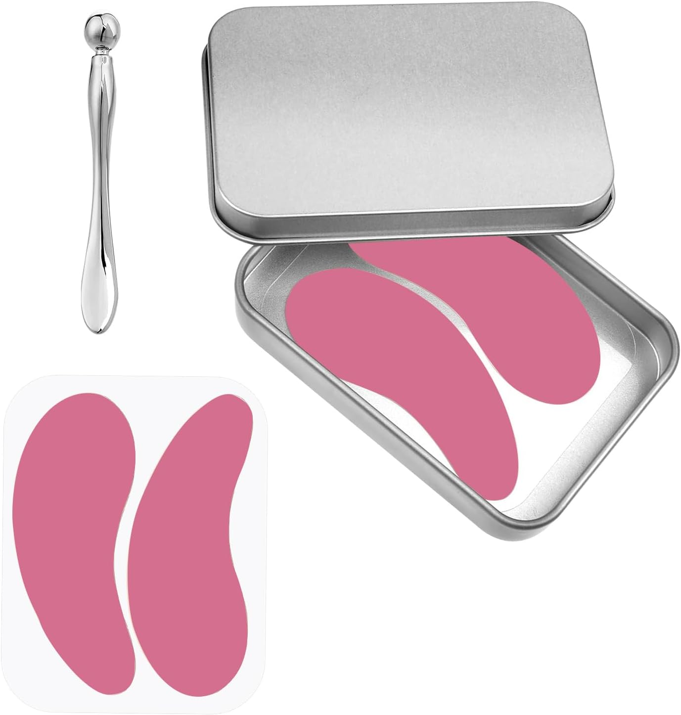 Kzvsiy Silicone under Eye Patches, 1 Pair Reusable Gel Eye Pads for Wrinkles & Fine Lines, Cooling and Heating Eye Mask with Metal Applicator, Tin Case, (Pink) image number 3