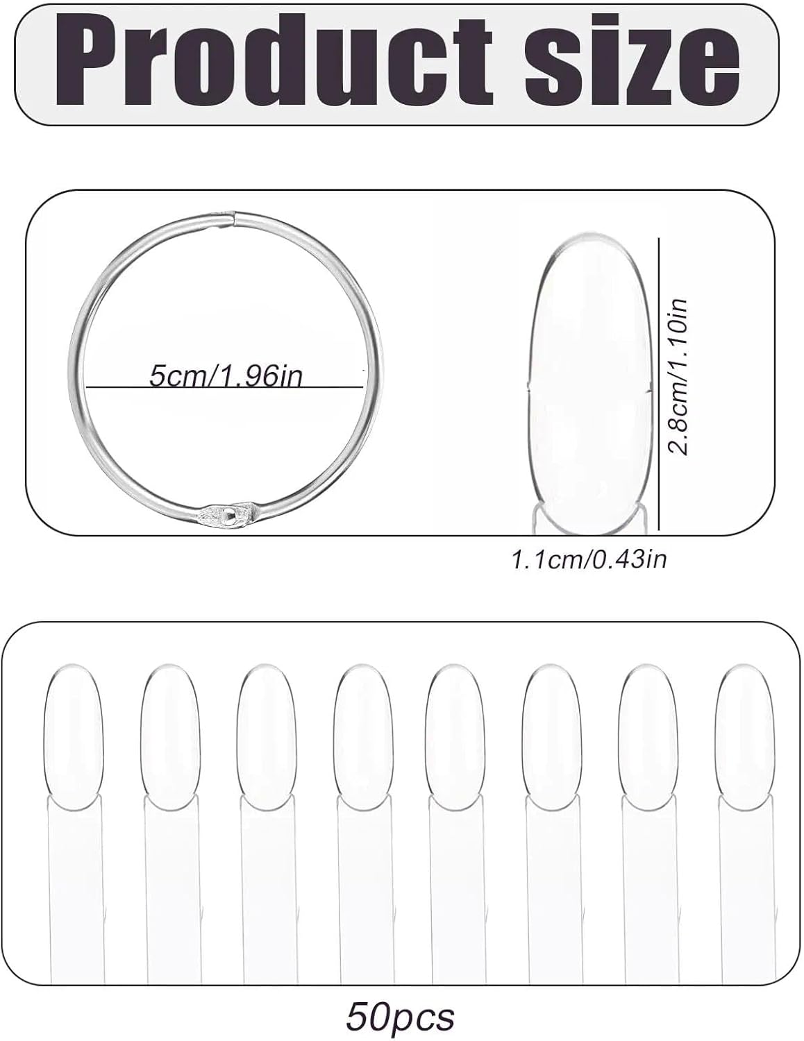 Nail Swatches Sticks &ndash; 50 Pcs Transparent Plastic Nail Swatches for Nail Art Practice, Display & Design, round Shape with Metal Rings, for Gel & Polish Swatches-Sztty image number 3