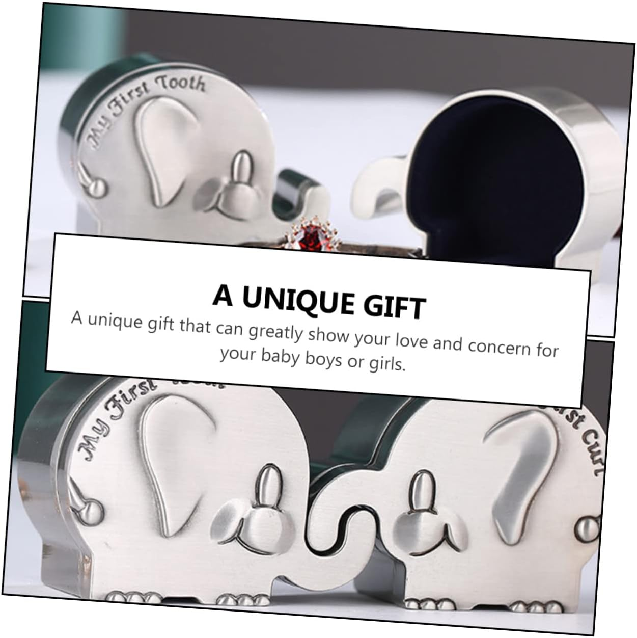 Elephant Shape First Tooth and Curl Keepsake Box for Newborns, Small Metal Baby Hair and Tooth Holder in Antique Silver for Nursery Storage and Baby Memory image number 5