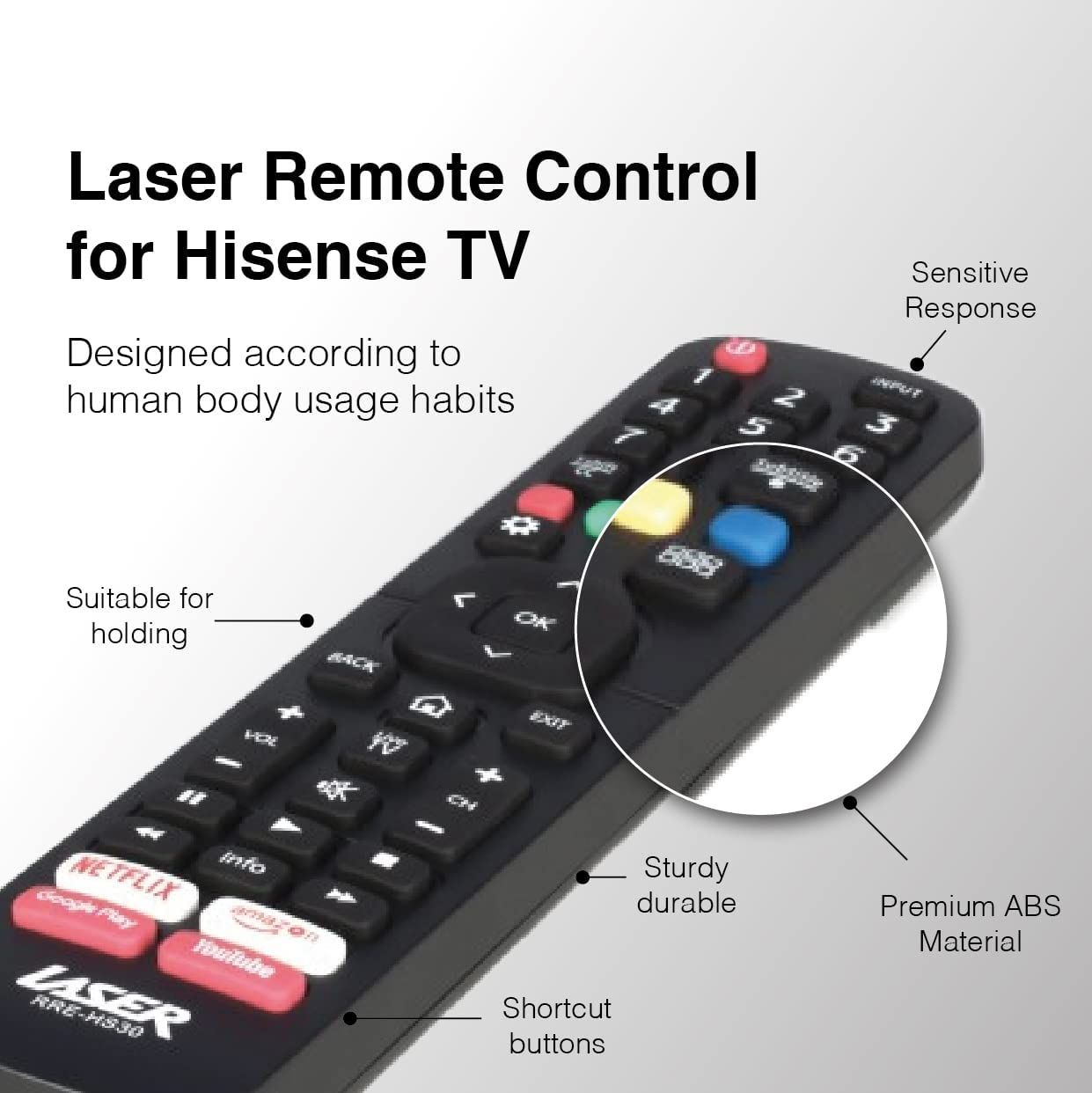 Laser Hisense TV Replacement Remote Control, No Setup Required, Lightweight Ergonomic Design, Easy to Use, Powered by 2 AAA Batteries, Compatible with Hisense Smart LED LCD Tvs image number 4