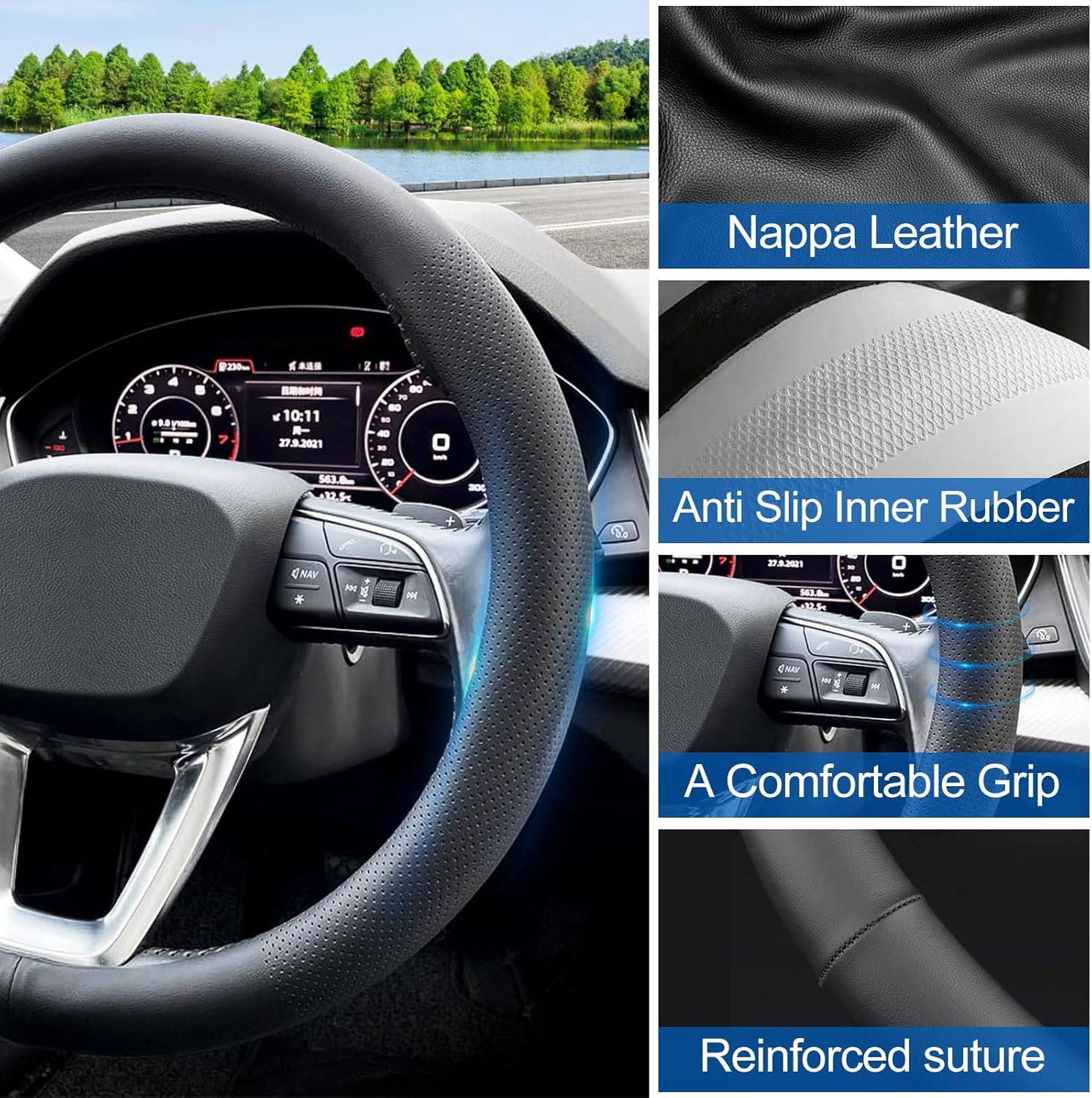 Car Steering Wheel Cover for Tesla Model 3 Highland 2025 2024 2023-2020/Model Y Juniper 2025 2024~2017, Non-Slip, Thin, Breathable, Odor-Free, Nappa Leather Full Surround Steering Wheel Covers image number 2