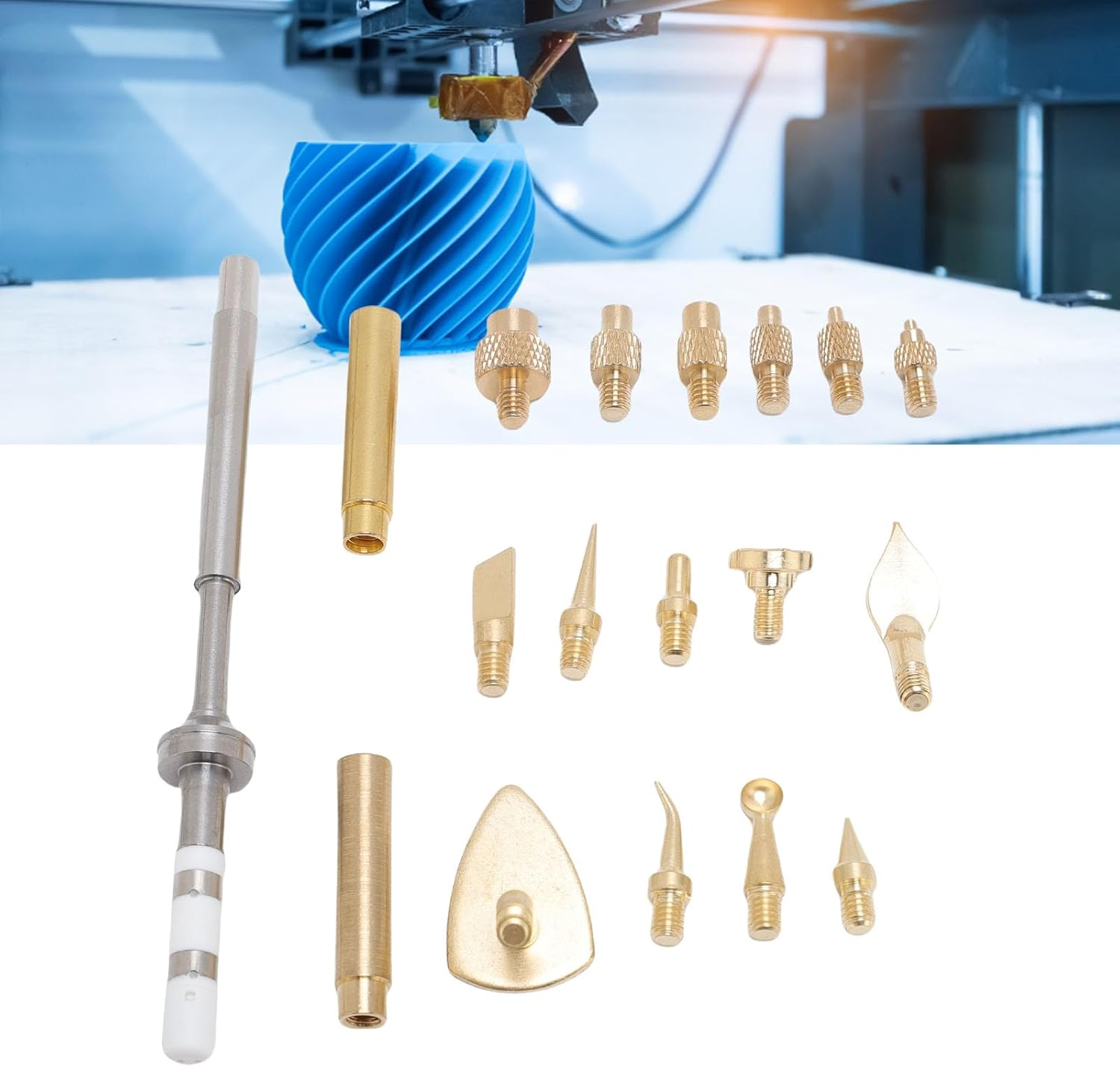 Heat Set Insert Tool, 18Pcs Brass Heat Insert Nut Iron Tip 3D Printing Modify Finishing Tool Set with Brass Trimming Head, Heat Press Machine Accessories image number 1