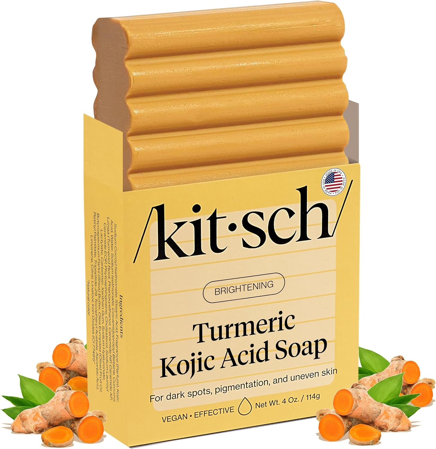 Kitsch Kojic Acid Soap for Hyperpigmentation - Brightening & Hydrating Kojic with Turmeric Soap Bar - Reduces Dark Spots, Evens Skin Tone, with Hyaluronic Acid & Shea Butter, Paraben & Sulfate-Free