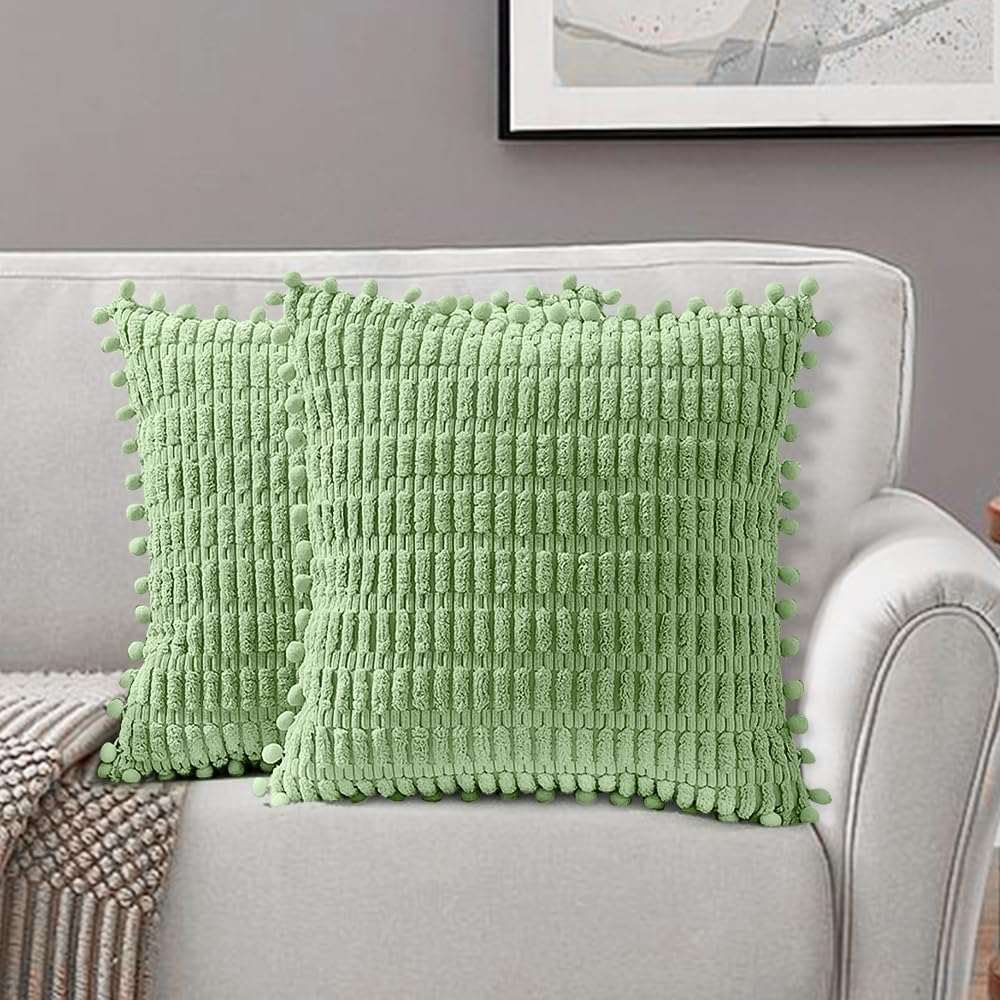 AUTOWT 2 Packs Decorative Throw Pillow Covers - 45 X 45 Cm Outdoor Cushion Cases with Pom-Poms - Boho Home Decor - Square Striped Corduroy Pillowcase for Couch Sofa Bed Bedroom Living Room (Green)