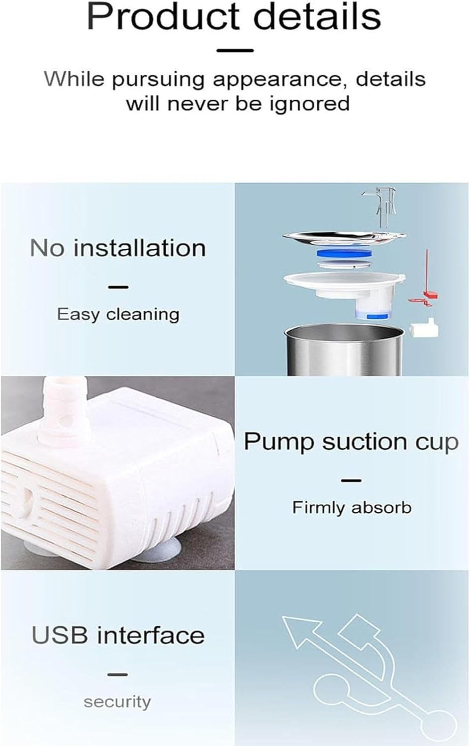 Dog Water Bowl 2L/67OZ Automati Pet Water Fountain Stainless Steel inside Ultra-Quiet Pump Cat Water Fountain for Small/Large Cats and Dogs Pet Bowl image number 2