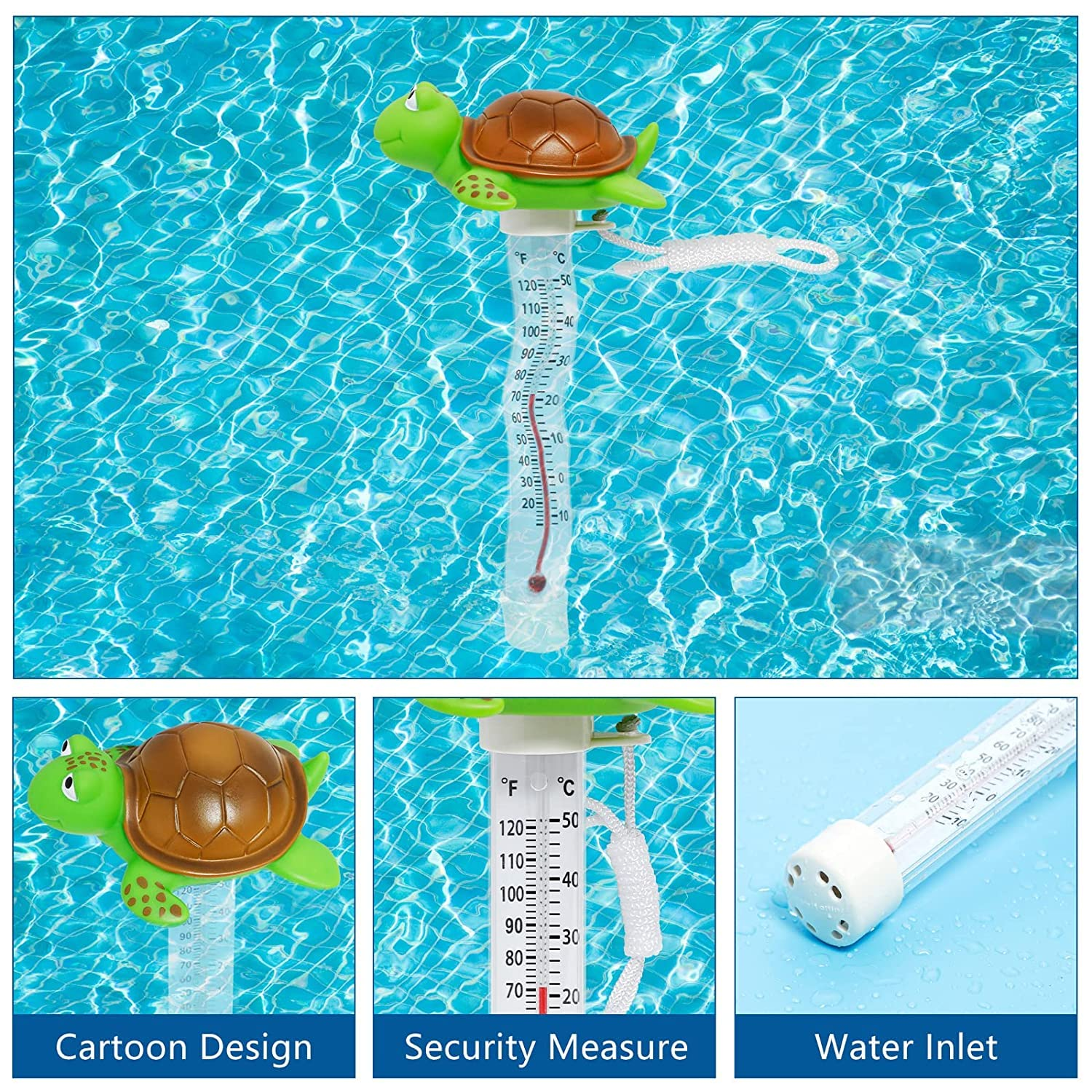 Floating Pool Thermometer, Large Display with String Easy to Read, Shatter Resistant, for Outdoor & Indoor Swimming Pools, Spas, Hot Tubs & Aquariums (Turtle) image number 6