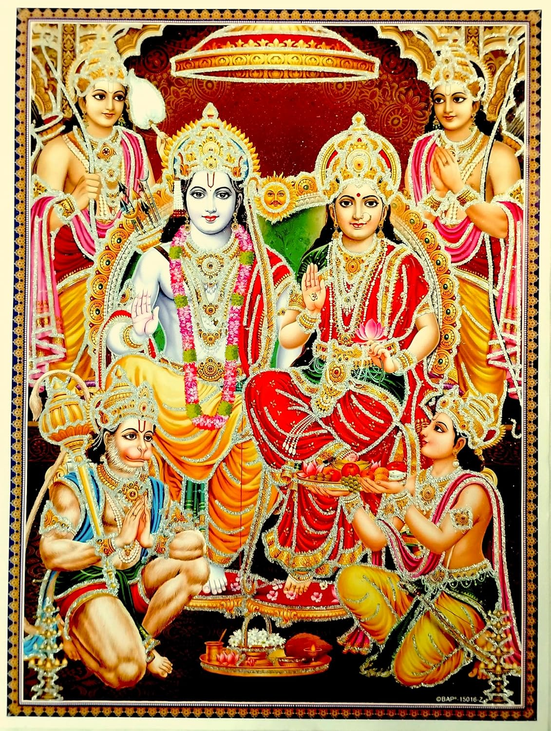 Ram Darbar Photo Poster | Seeta Rama Photo Frame | Sita Rama Photo Frame | Hanuman Photo Poster (16X12 Inch) - Featuring Seeta Ram, Bajrang Bali, Hanuman, Laxmi, Saraswati, Bajrangbali, Ramayan, Flying Hanuman, Ayodhaya Ram, Ram Laxman | Elegant Brown Frame | Perfect for Diwali, Dhanteras, and Ashtami Decor (Multicolor)