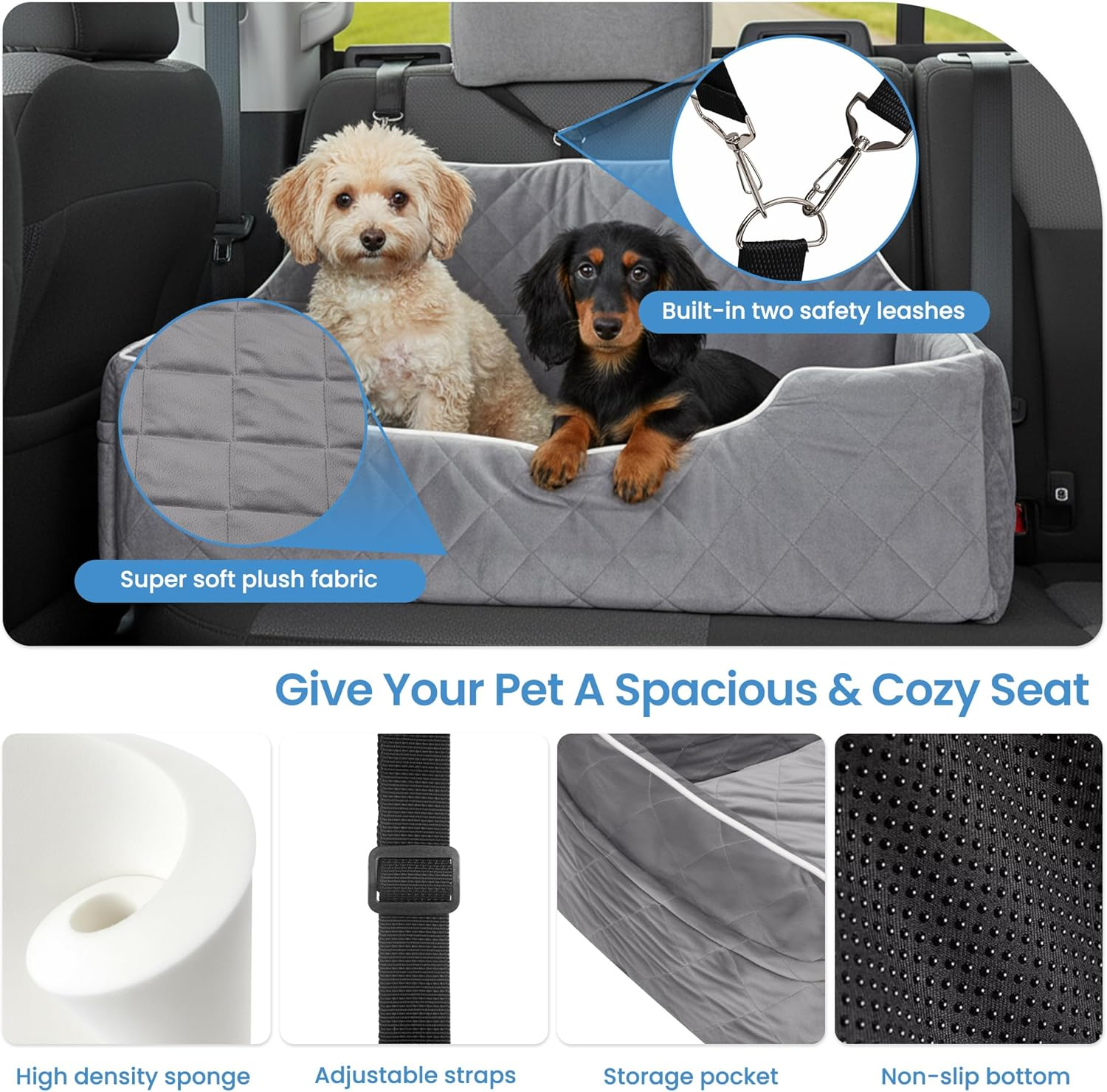 Advwin Dog Car Seat for Large Medium Sized Dogs, Dog Booster Seat for 2 Small Dogs with Detachable Washable Cover and Cushion, Pet Car Seat with Safety Belts and Storage Pockets image number 1