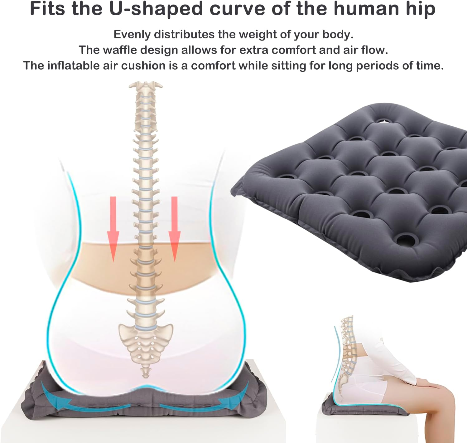 POPIPEN Inflatable Seat Cushion, Portable Air Seat Chair Cushions for Pressure Relief Breathable Waffle Square Seat Pad for Home Car Wheelchairs Office Chairs and Airplanes (1 Pack) image number 6