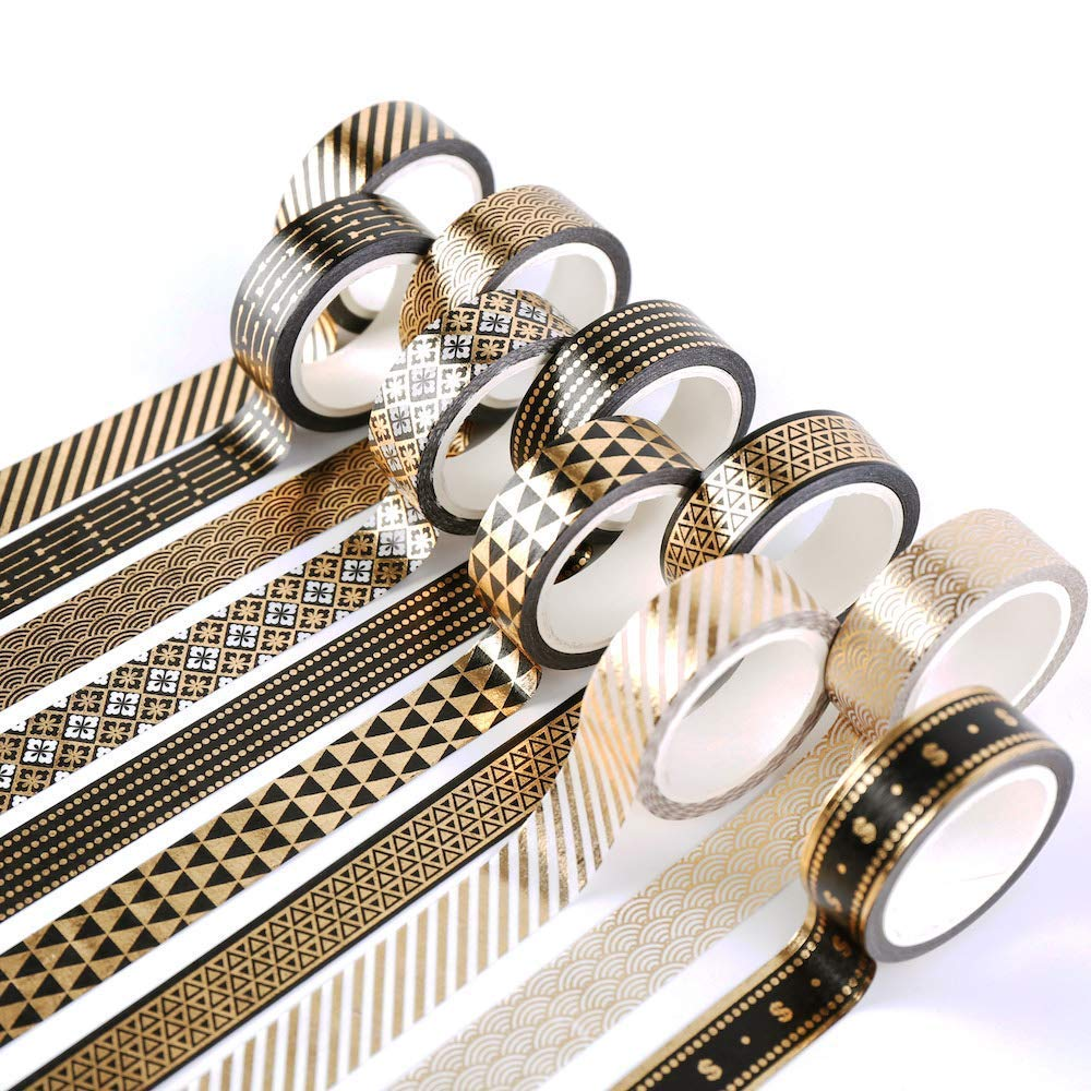 Washi Tape Set Black Gold Foil Print Decorative Masking Tape for Arts and DIY Crafts, Scrapbooking, Bullet Journal, Planner, Gift Wrapping, Holiday Decoration (9 Rolls/Unit)