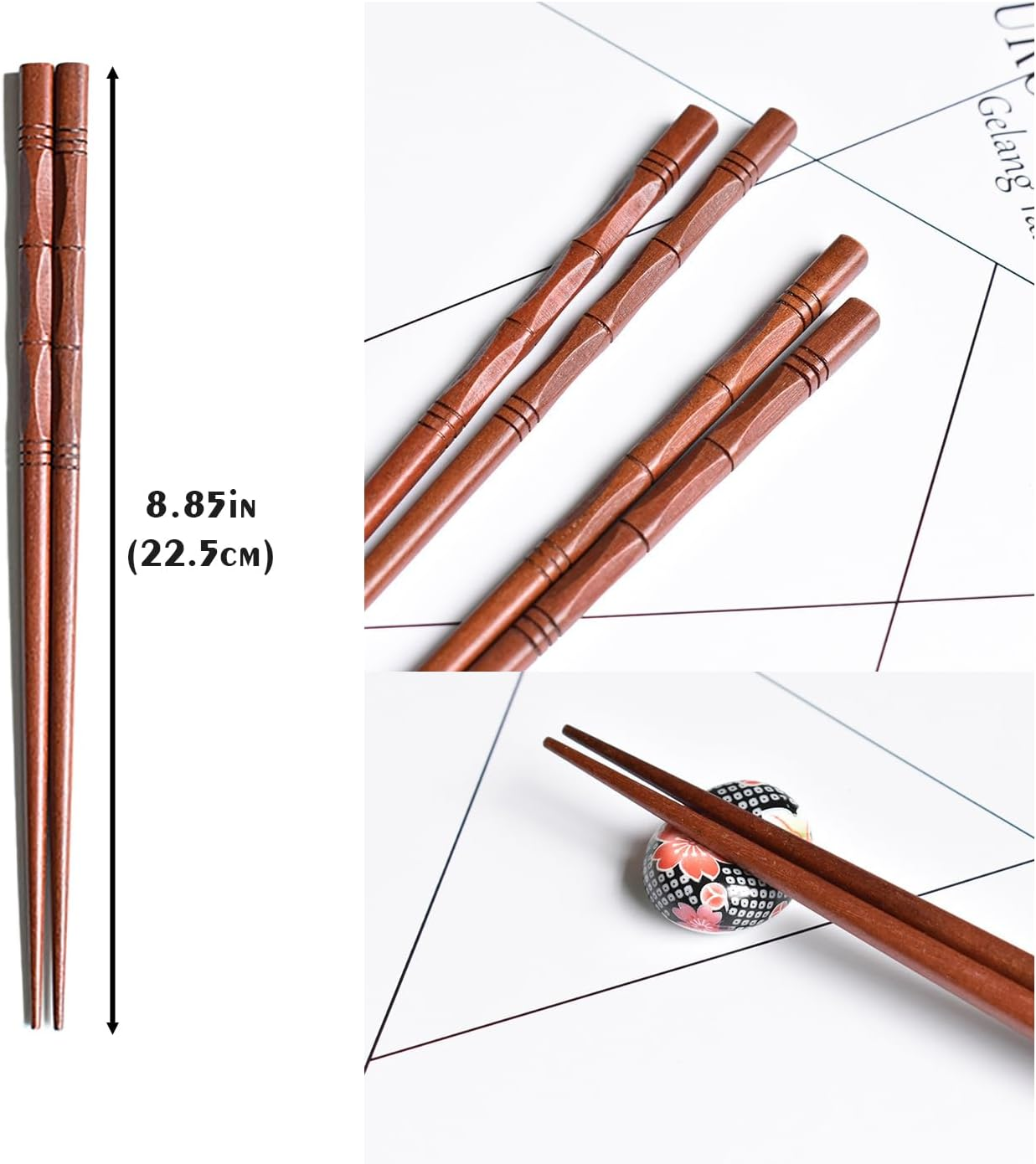 5 Pairs of Reusable Natural Wood Chopsticks, Handcrafted Rosewood Chopstick Gift Set, Dishwasher Safe, 8.8 Inches/22.5Cm image number 3