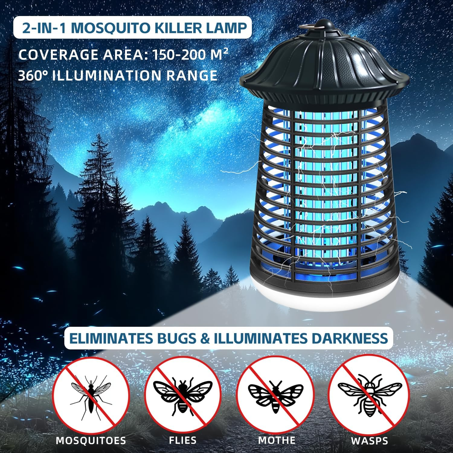 Electric Bug Zapper with LED Light, 15W Mosquito Insect Killer Lamp, Indoor Outdoor Fly Trap with 1.2M Cord, Safe Grid Design image number 1