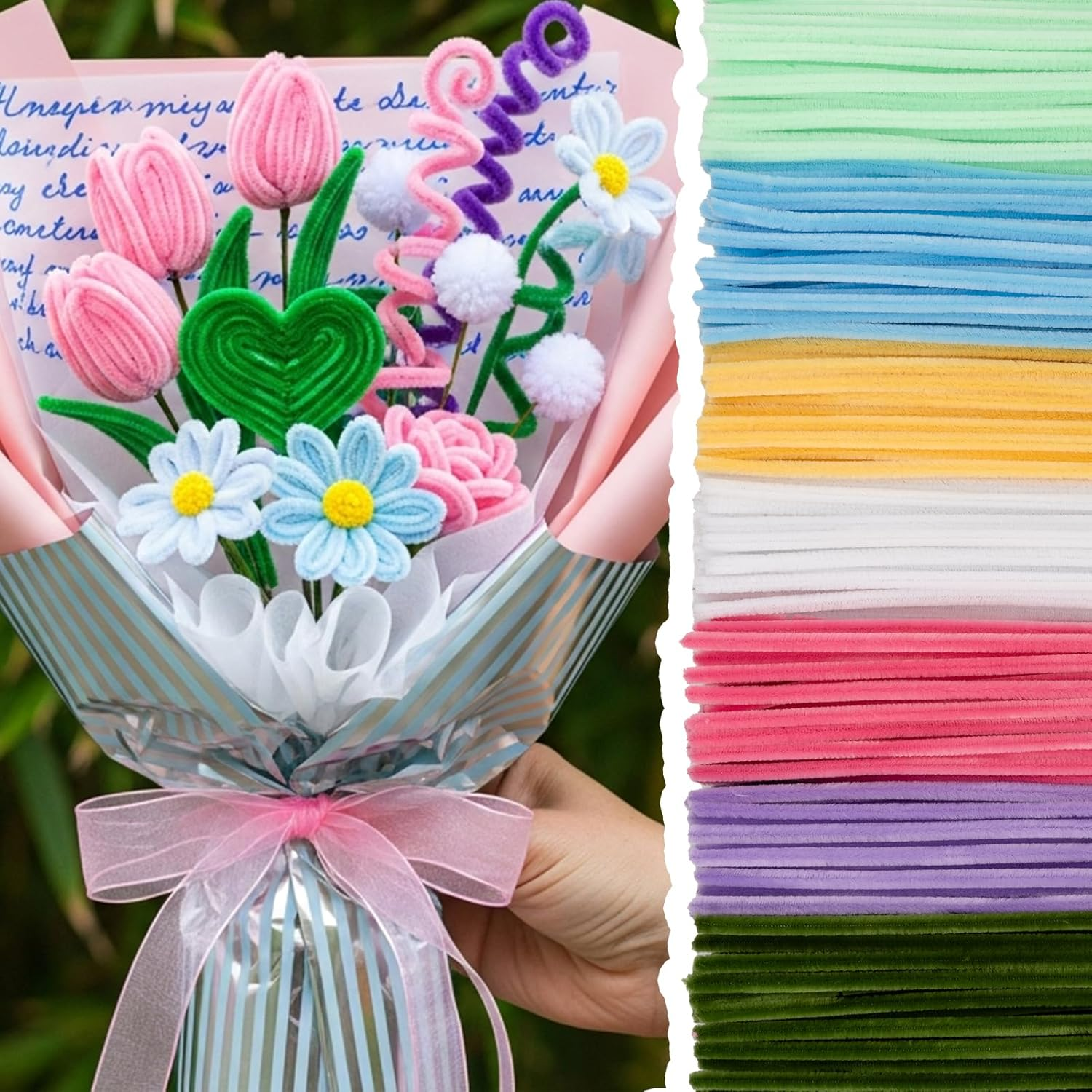 Caydo 500 Pieces Pipe Cleaners Flower Set, Chenille Stems, Pipe Cleaner Craft Supplies Bulk Fluffy Fuzzy Sticks for DIY Art Projects Creative Gift Party Decorations (Macaron) image number 6