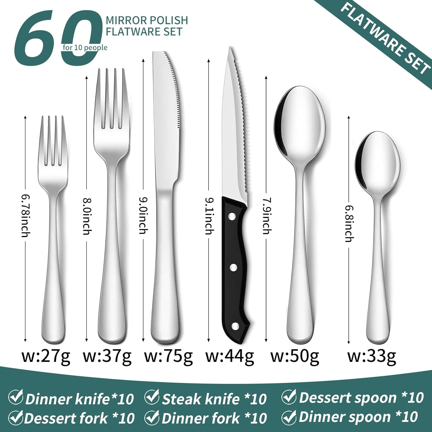 60 Pieces Silverware Sets Service for 10, Premium Stainless Steel Flatware Set,Matte Cutlery Set for Family Gatherings, Hotel, Office Etc Use, Dishwasher Safe image number 4