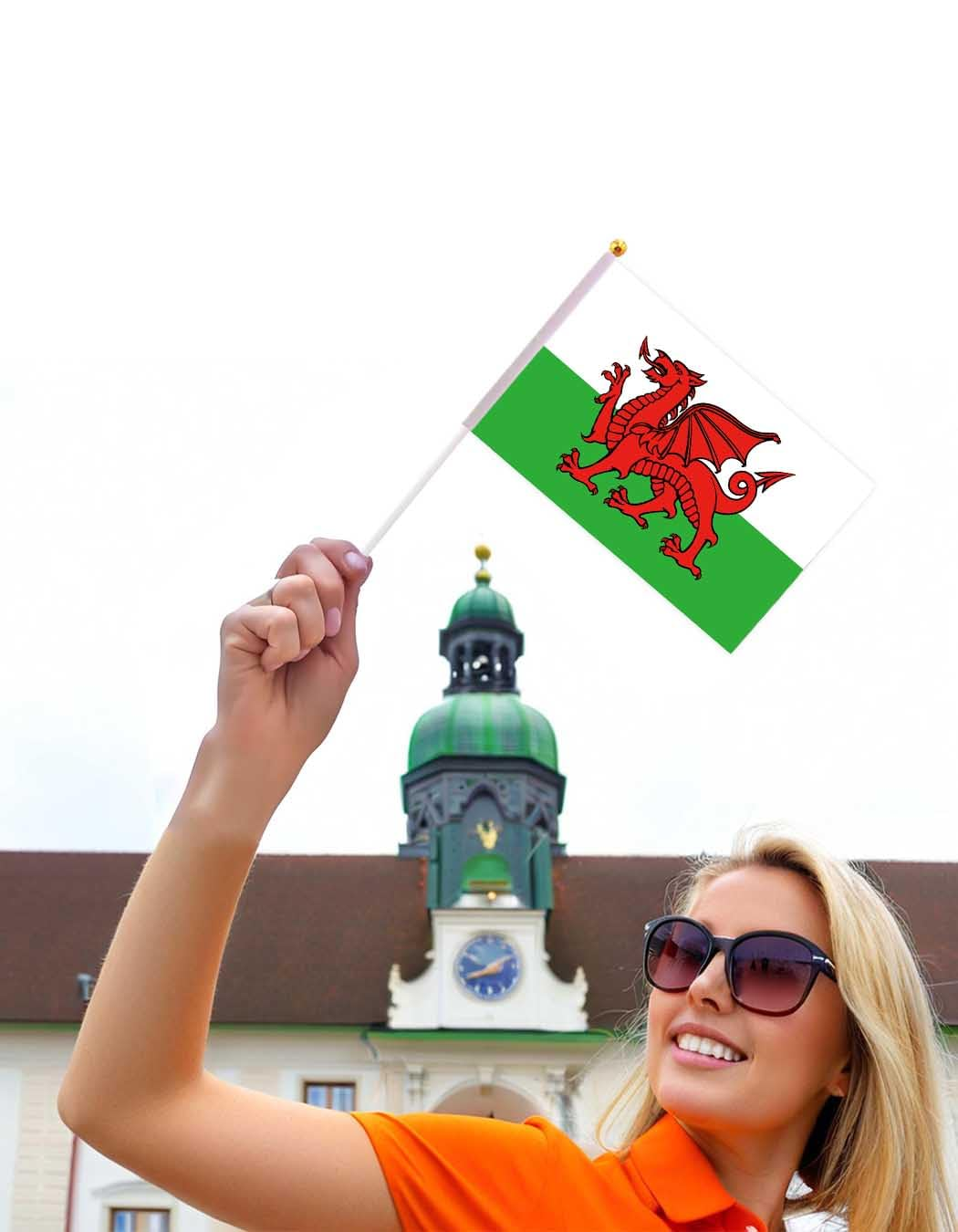 25 Packs Small Welsh Flags on Handheld Stick，Miniature Wales Dragon Flag for Outside,4X6 Inch Mini Hand Held Banner with Golden Topper,Patriotic Decorations image number 1
