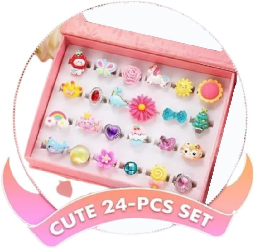 Little Girl Jewel Rings in Box, Adjustable, No Duplication, Pretend Play and Dress up Rings, 24 Pieces, Silicone image number 2