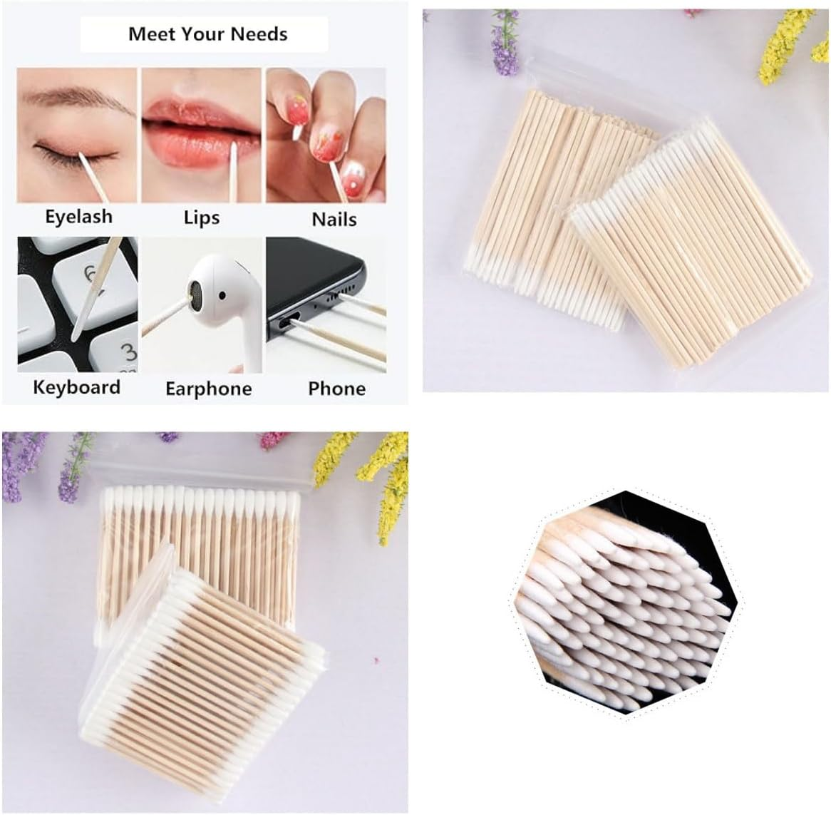 Multi-Purpose Cotton Swabs with Wooden Sticks - Single and Double Head Cotton Buds for Makeup, Cleaning, Crafts, and Detailed Precision Tasks 400 Pcs. image number 2