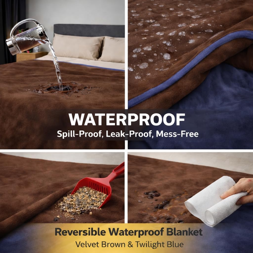 Waterproof Blanket with Water Resistant Protection, Soft & Cozy Flannel for Couples for Love (Velvet Brown & Twilight Blue, 40X60) Bedding Aid image number 2