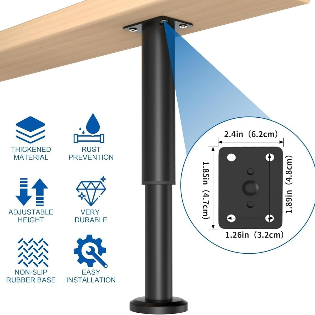 4-Pack Adjustable Height Bed Support Legs(18-32Cm) -Furniture Legs | Cabinet Feet | Black Metal Replacement Feet with Non-Slip Pads | Bed Center Slat Support image number 3