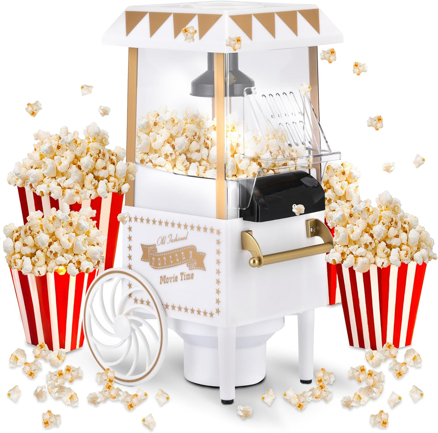 NK Popcorn Machine Retro Electric Popcorn Machine 1200W Easy to Use Button Preparation in 2 Minutes Hot Air 0.3L Portable Ideal for Home Black